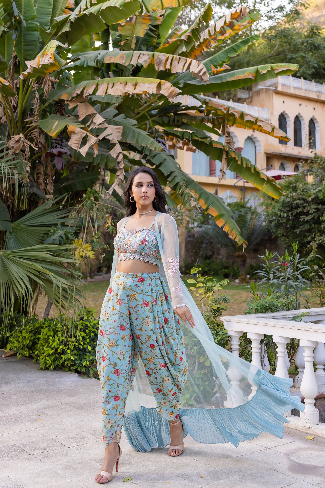 Light Blue Georgette Hand Embroidered Jacket Set