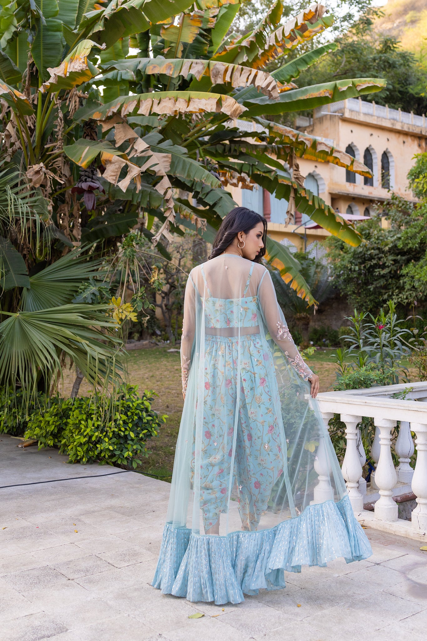 Light Blue Georgette Hand Embroidered Jacket Set