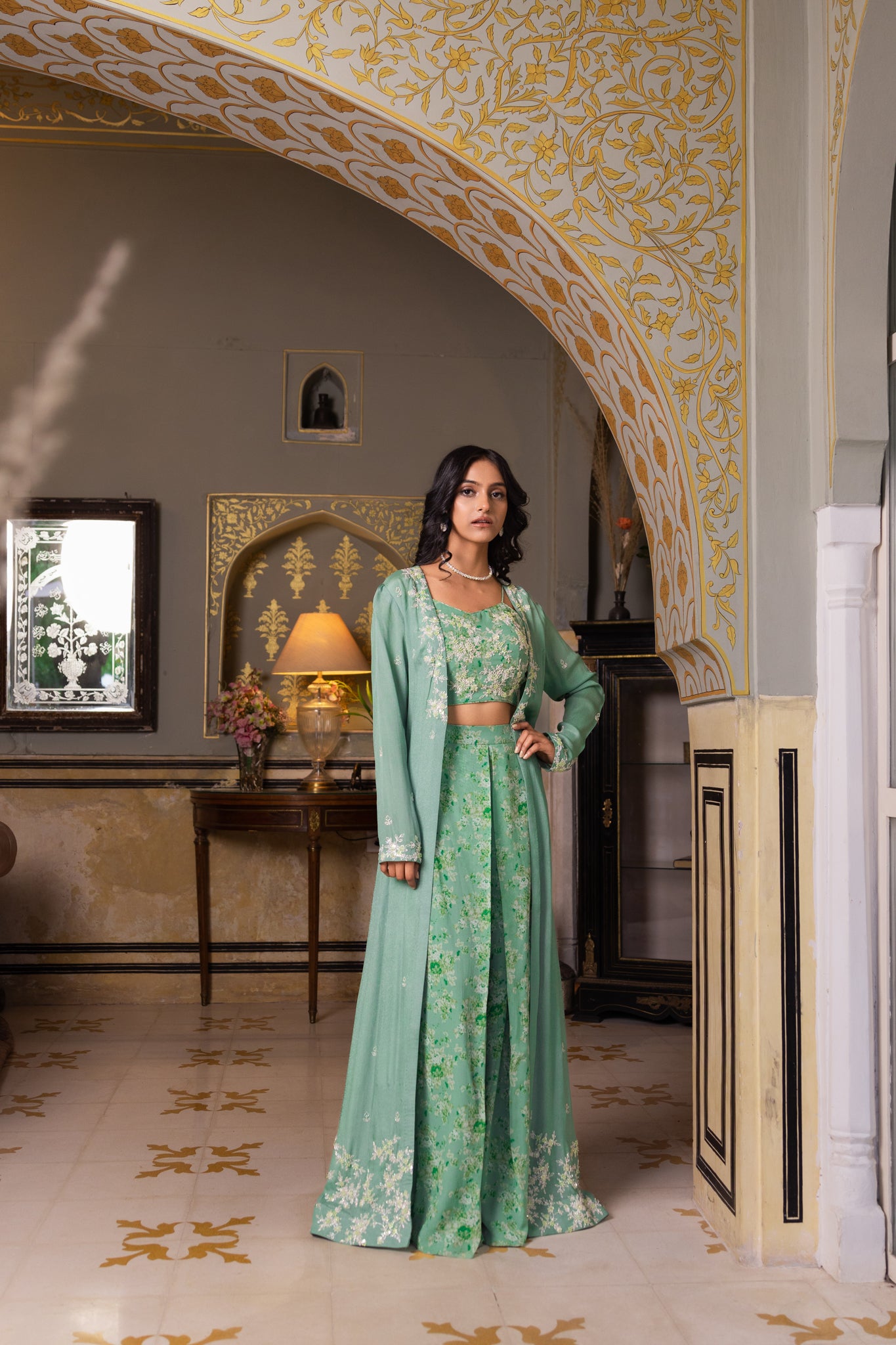 Green Georgette Hand Embroidered Jacket Set