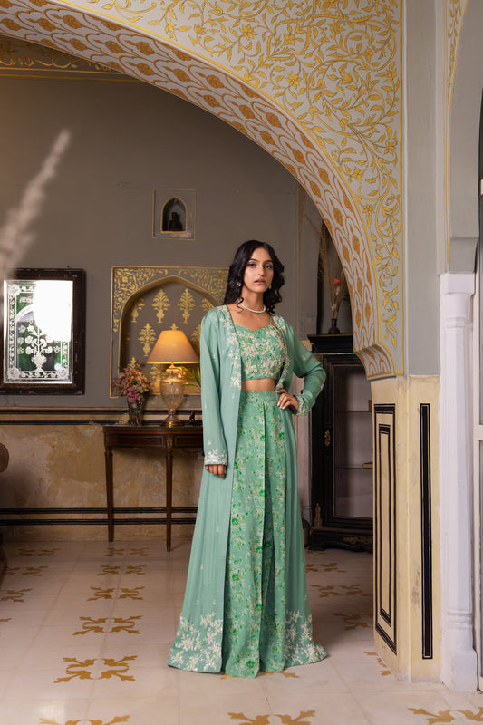 Green Georgette Hand Embroidered Jacket Set