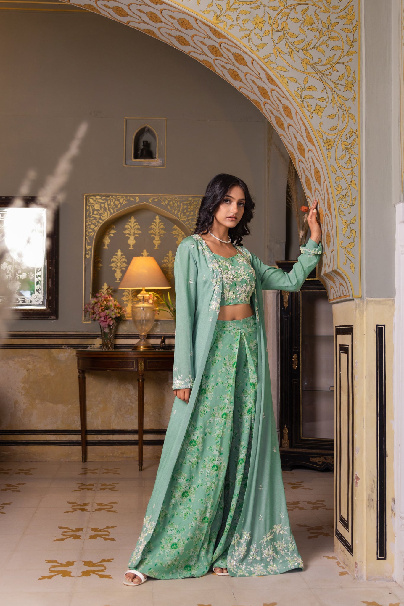 Green Georgette Hand Embroidered Jacket Set