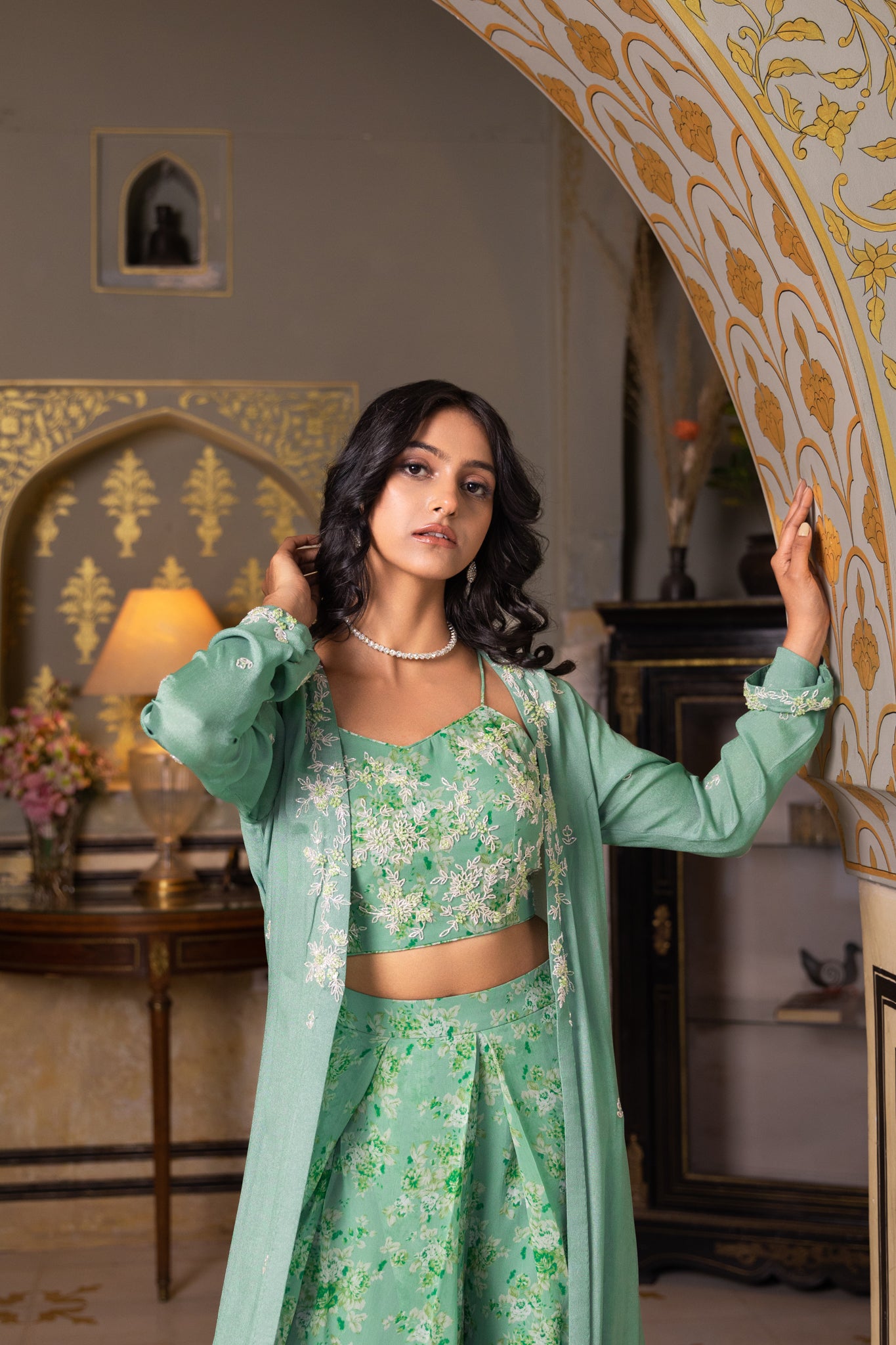 Green Georgette Hand Embroidered Jacket Set