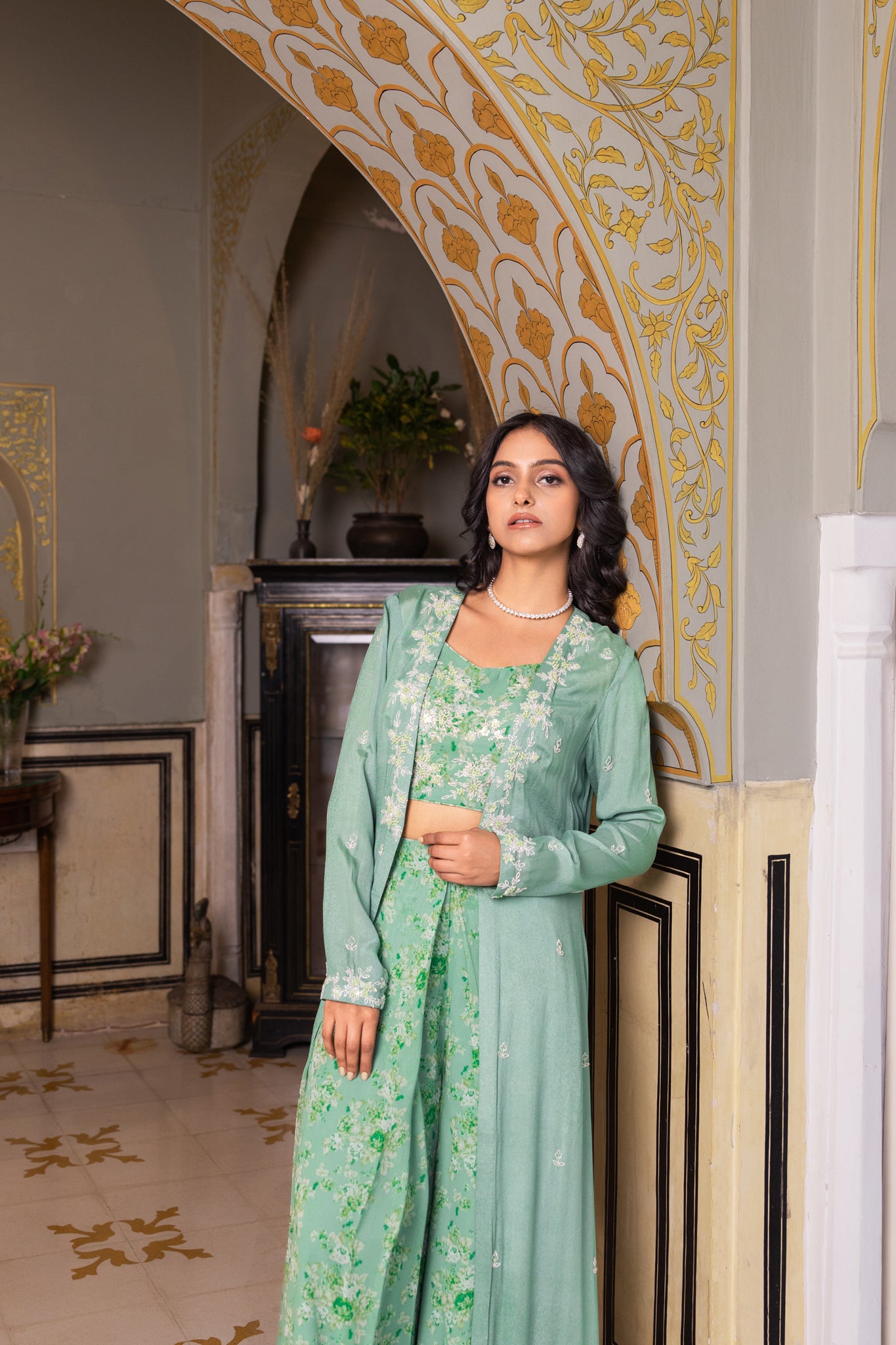 Green Georgette Hand Embroidered Jacket Set