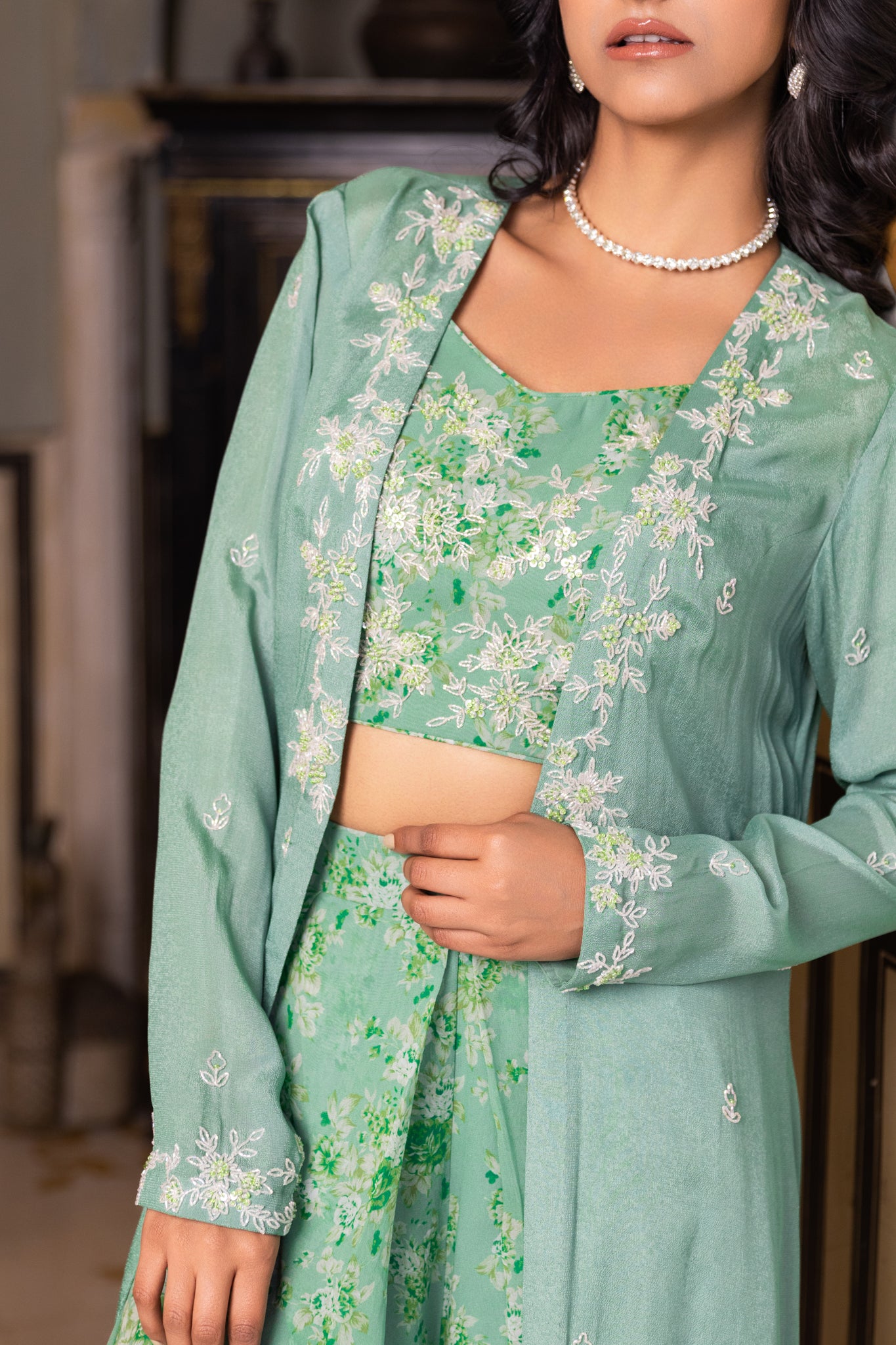 Green Georgette Hand Embroidered Jacket Set