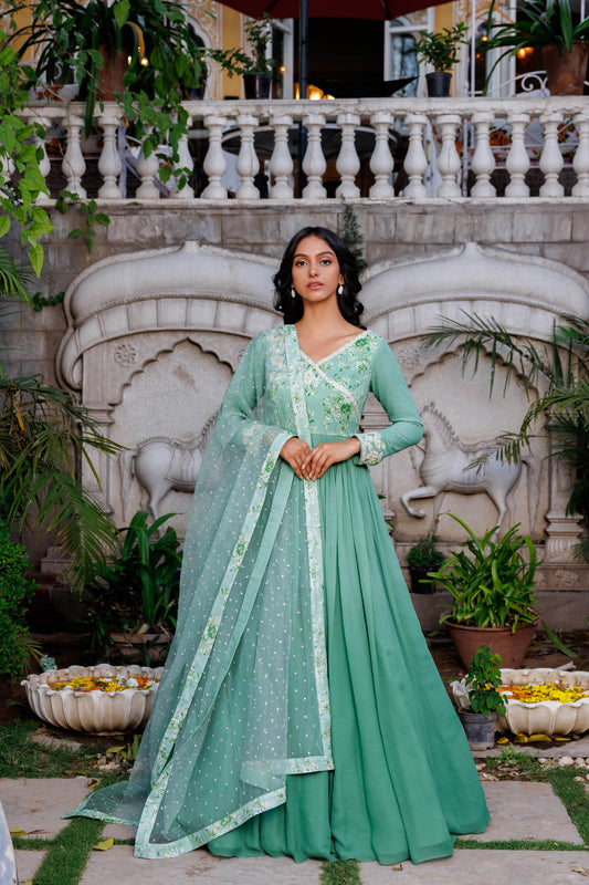 Green Georgette Hand Embroidered Anarkali Set