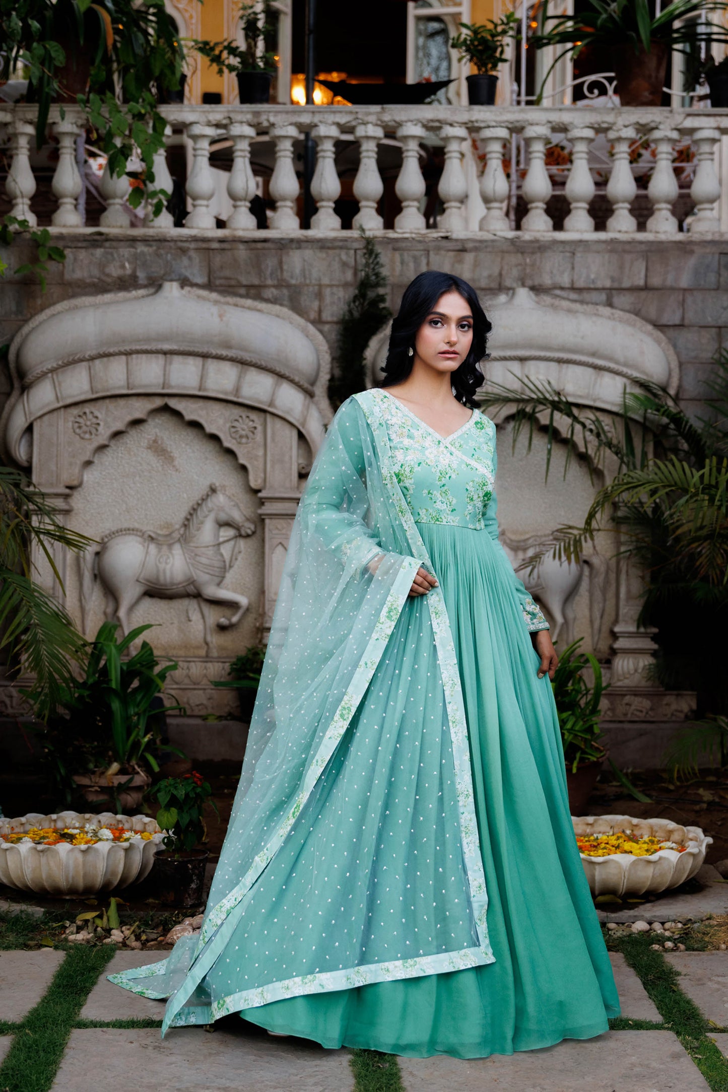 Green Georgette Hand Embroidered Anarkali Set