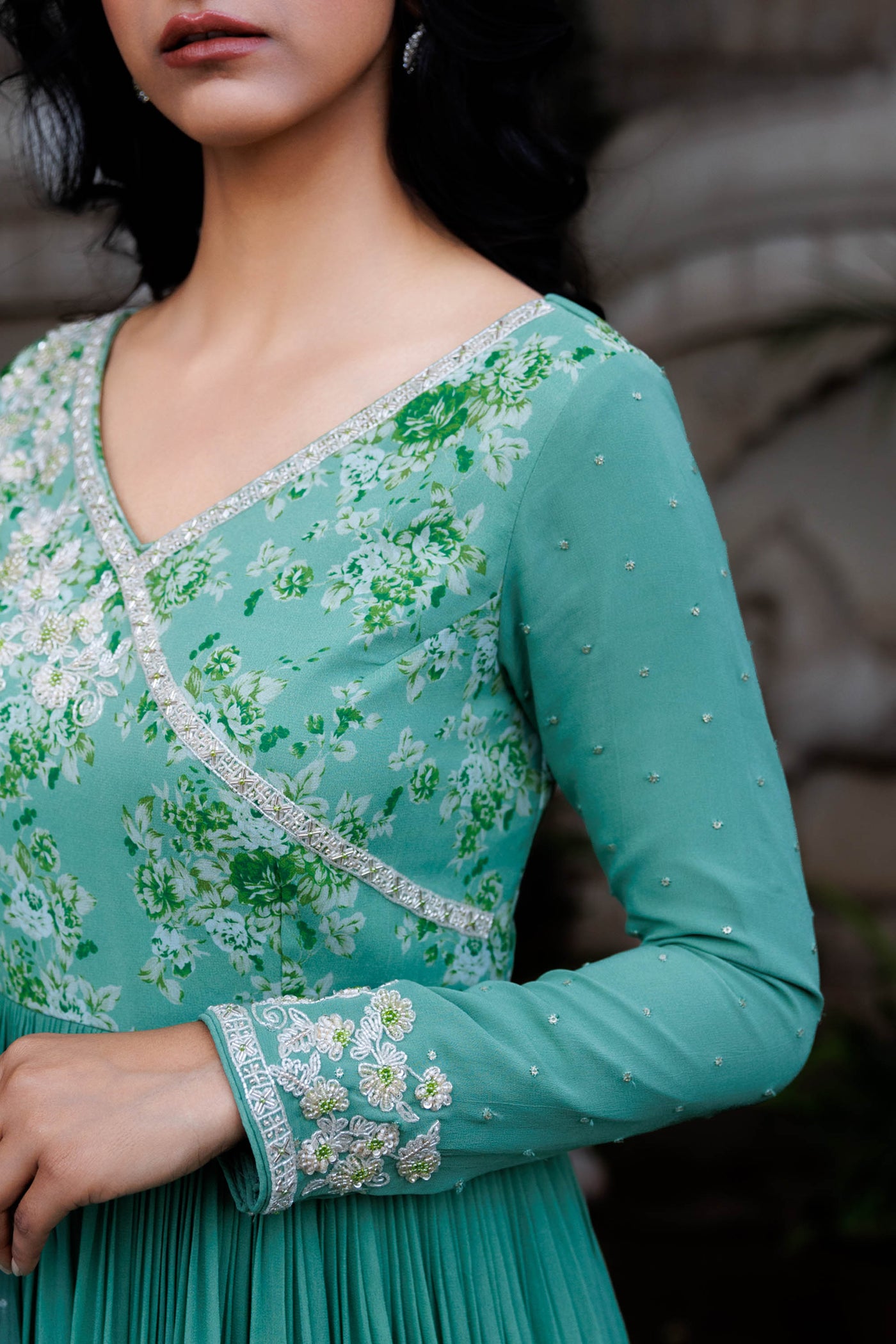 Green Georgette Hand Embroidered Anarkali Set