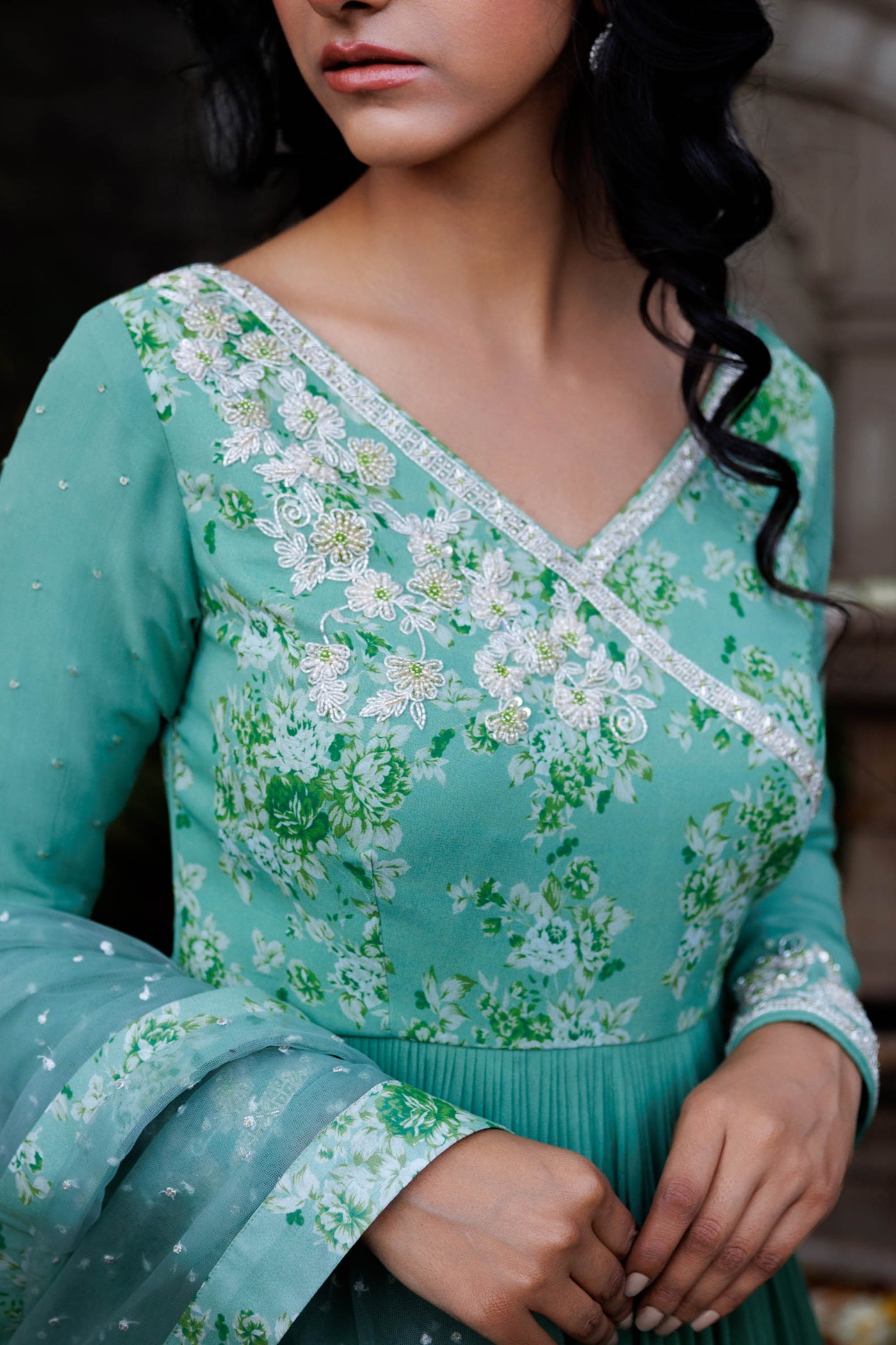 Green Georgette Hand Embroidered Anarkali Set