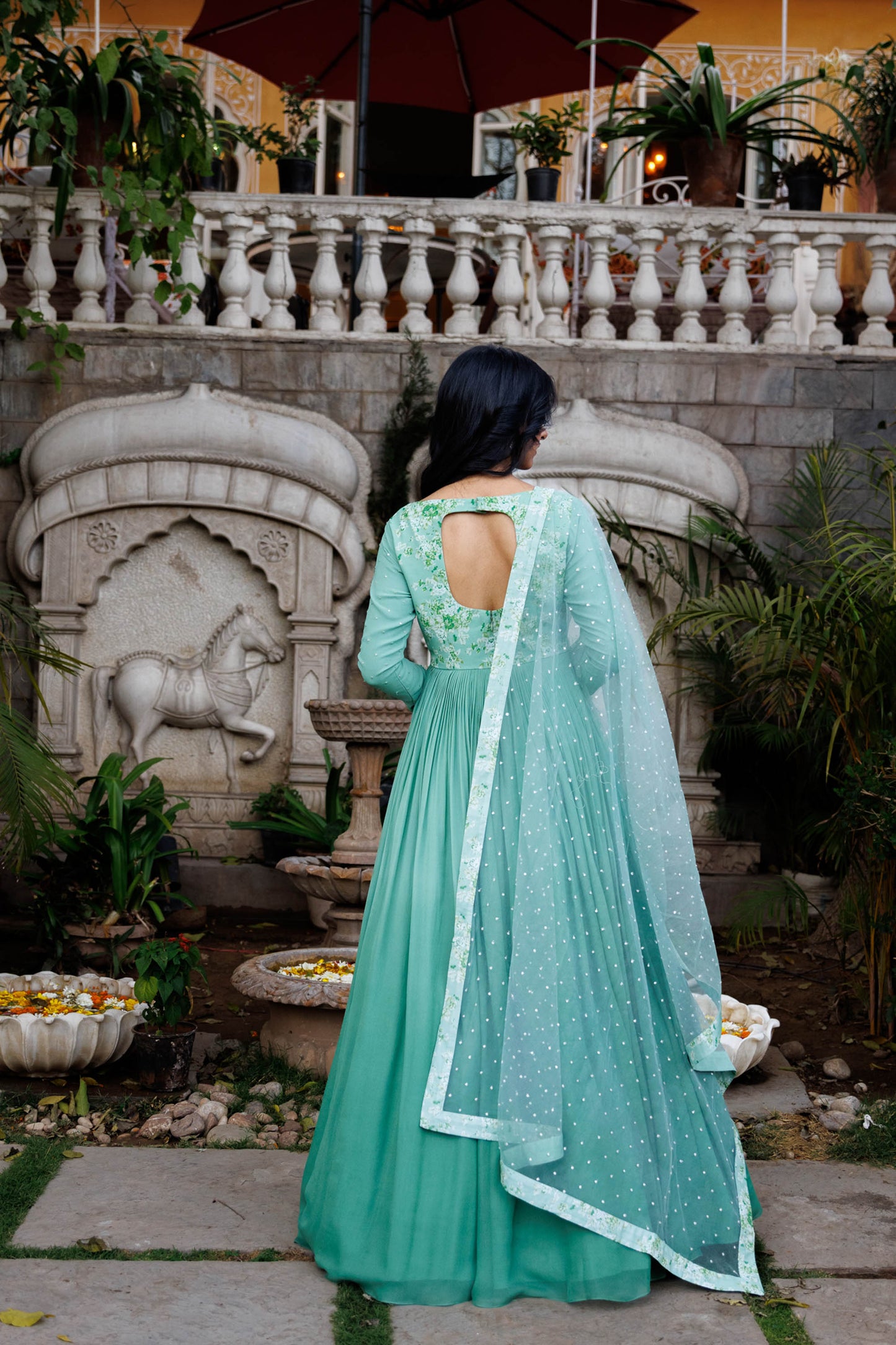 Green Georgette Hand Embroidered Anarkali Set