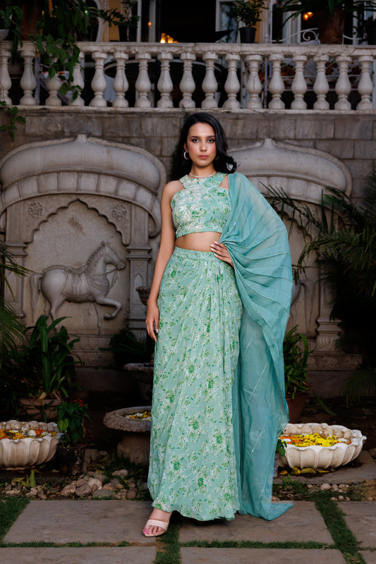 Green Organza Embroidered Draped Skirt Saree Set