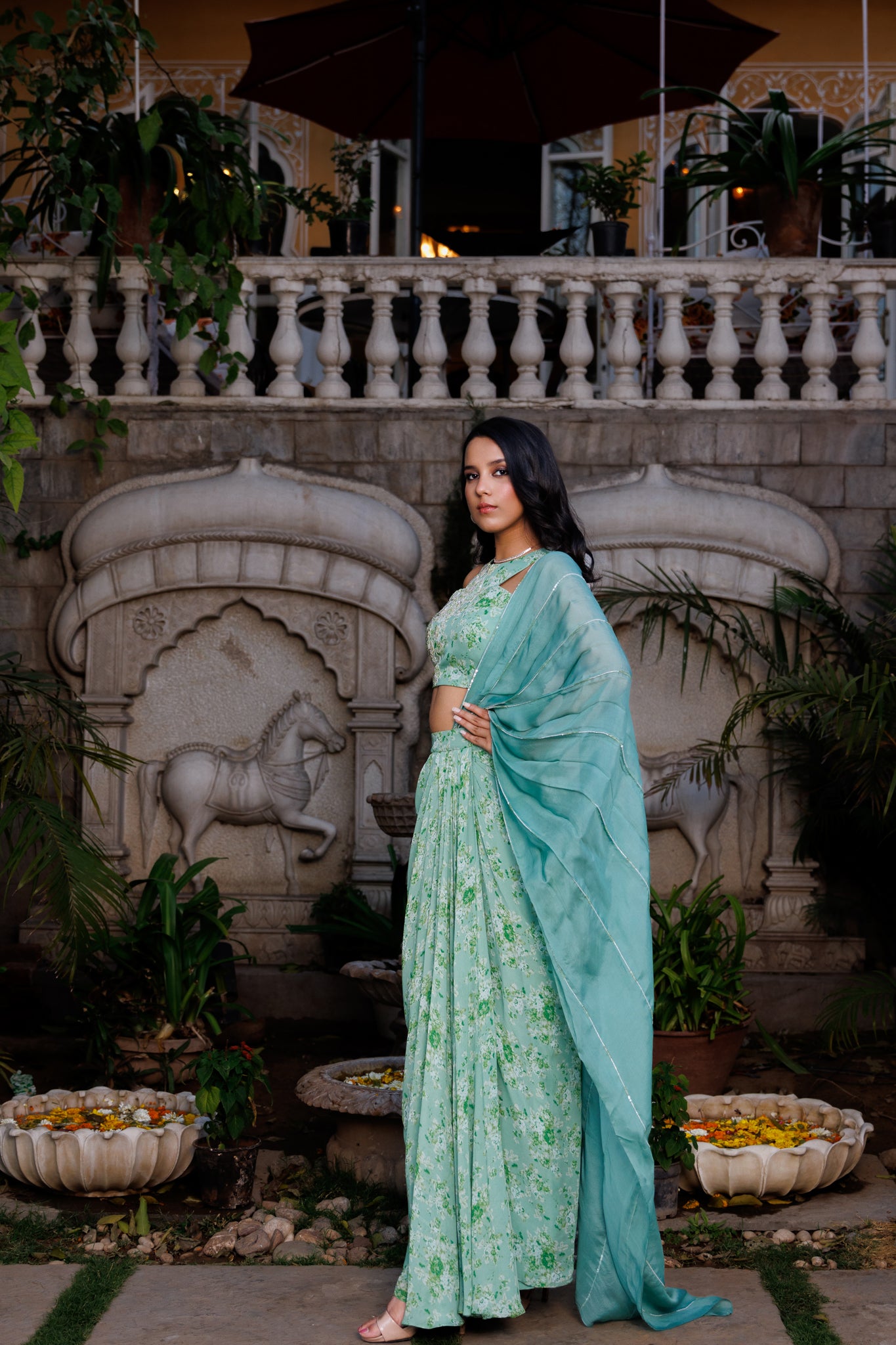Green Organza Embroidered Draped Skirt Saree Set