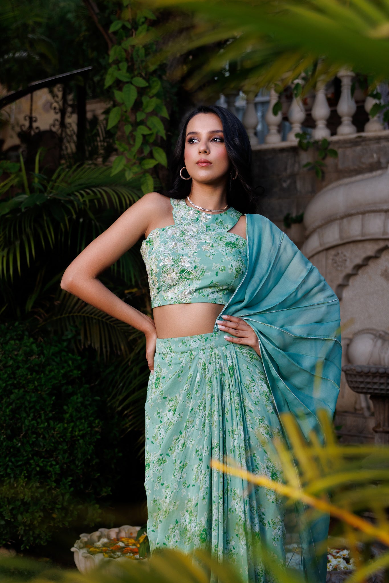 Green Organza Embroidered Draped Skirt Saree Set