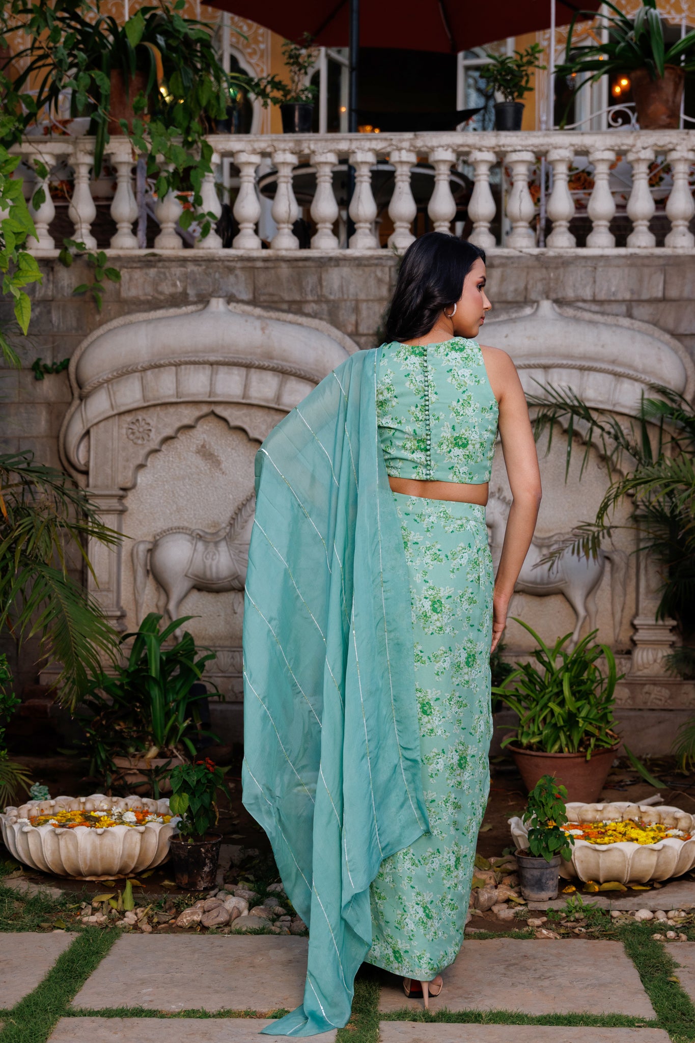 Green Organza Embroidered Draped Skirt Saree Set