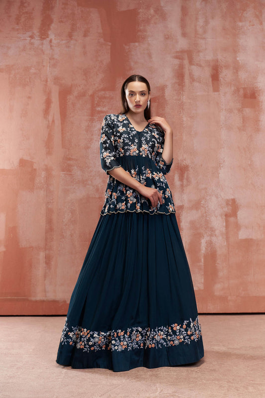 Peacock Blue Embroidered Lehenga Set