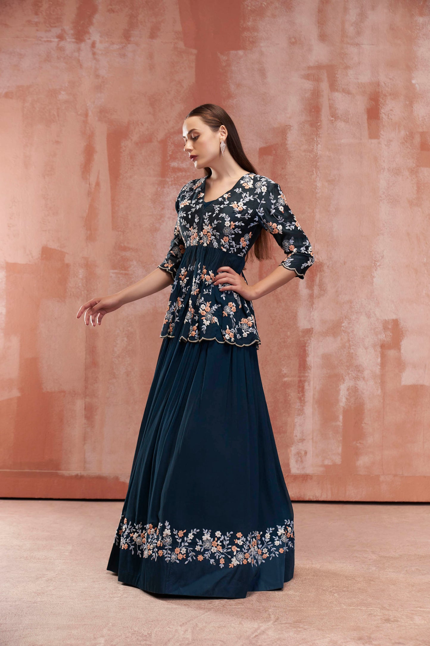 Peacock Blue Embroidered Lehenga Set