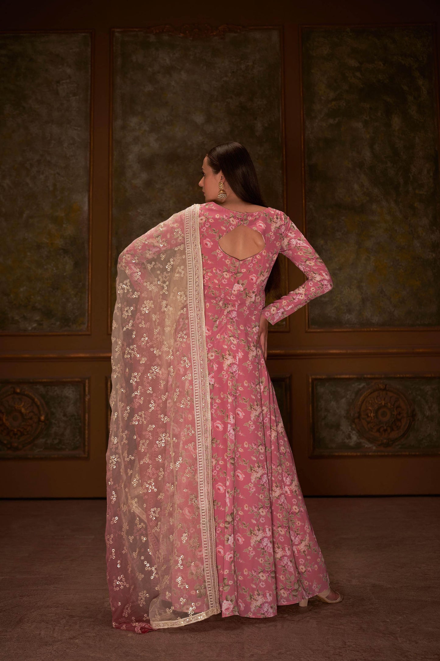 Pink Floral Printed Anarkali Set