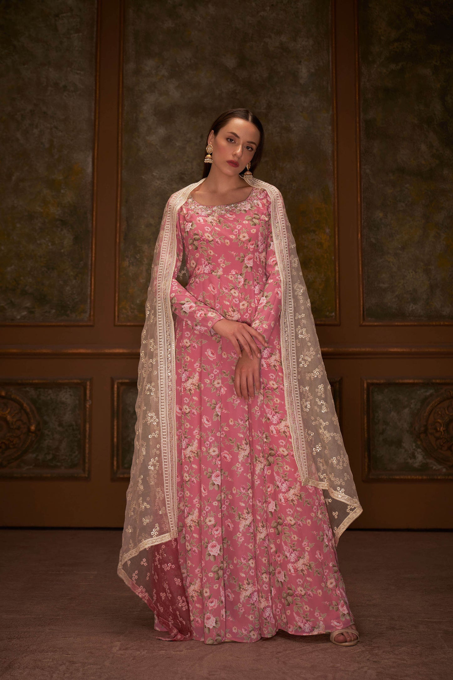 Pink Floral Printed Anarkali Set