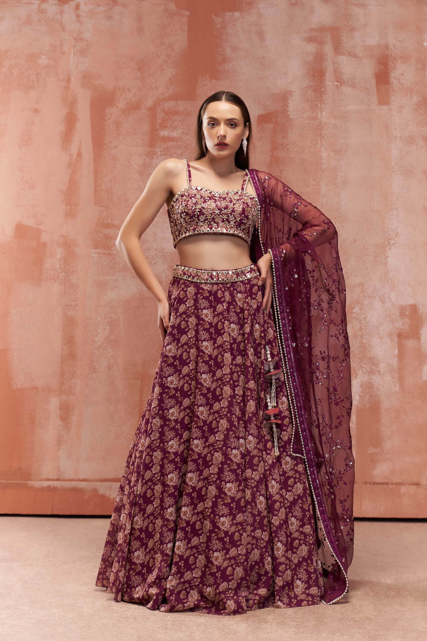 Wine Floral Printed Lehenga Set