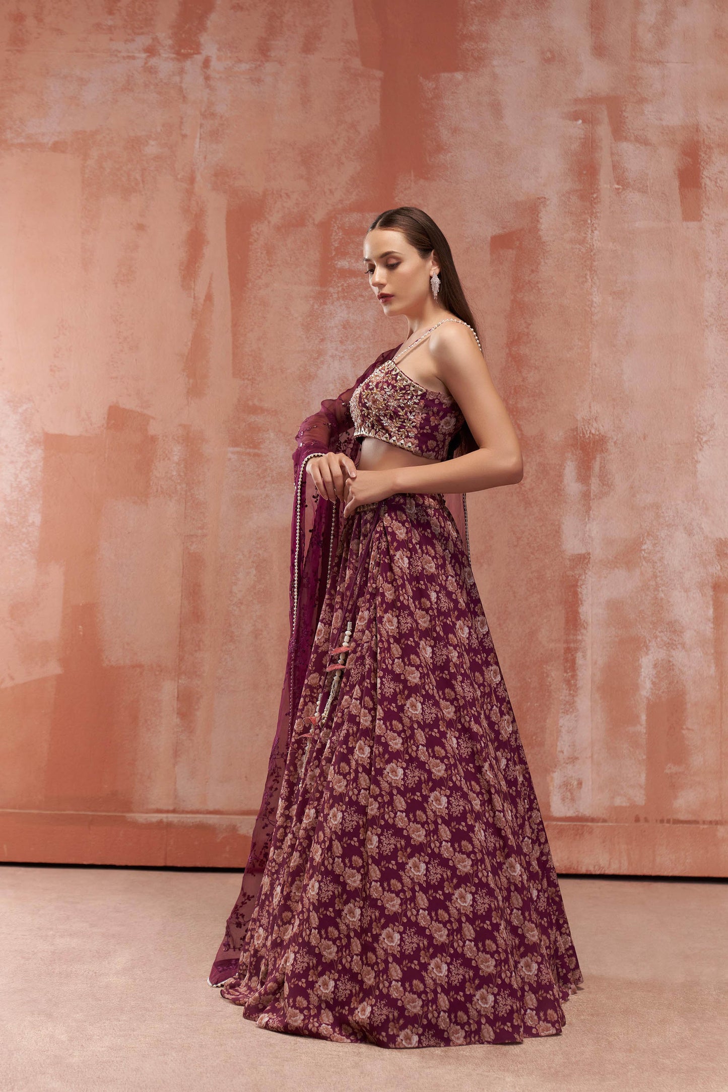 Wine Floral Printed Lehenga Set