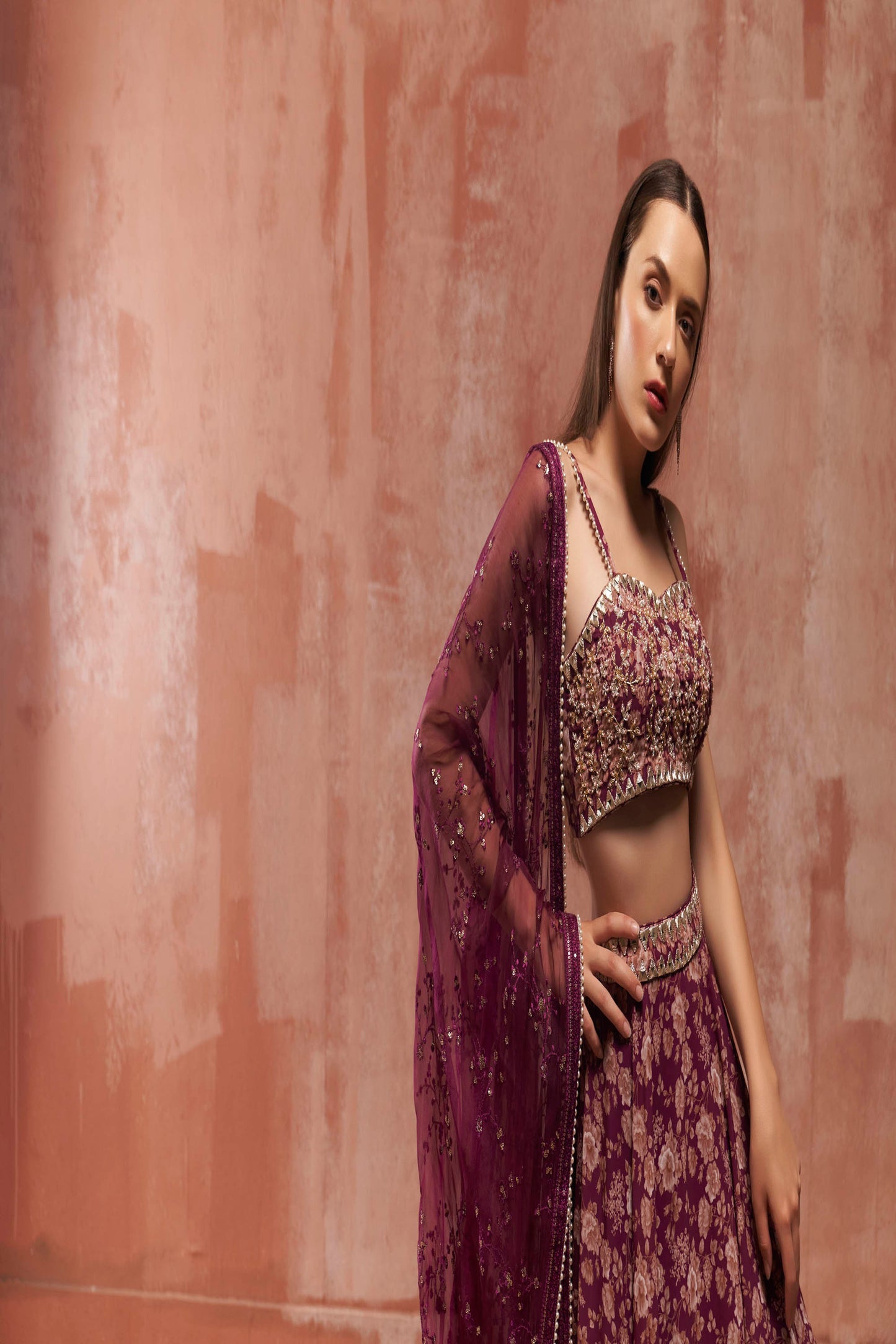 Wine Floral Printed Lehenga Set