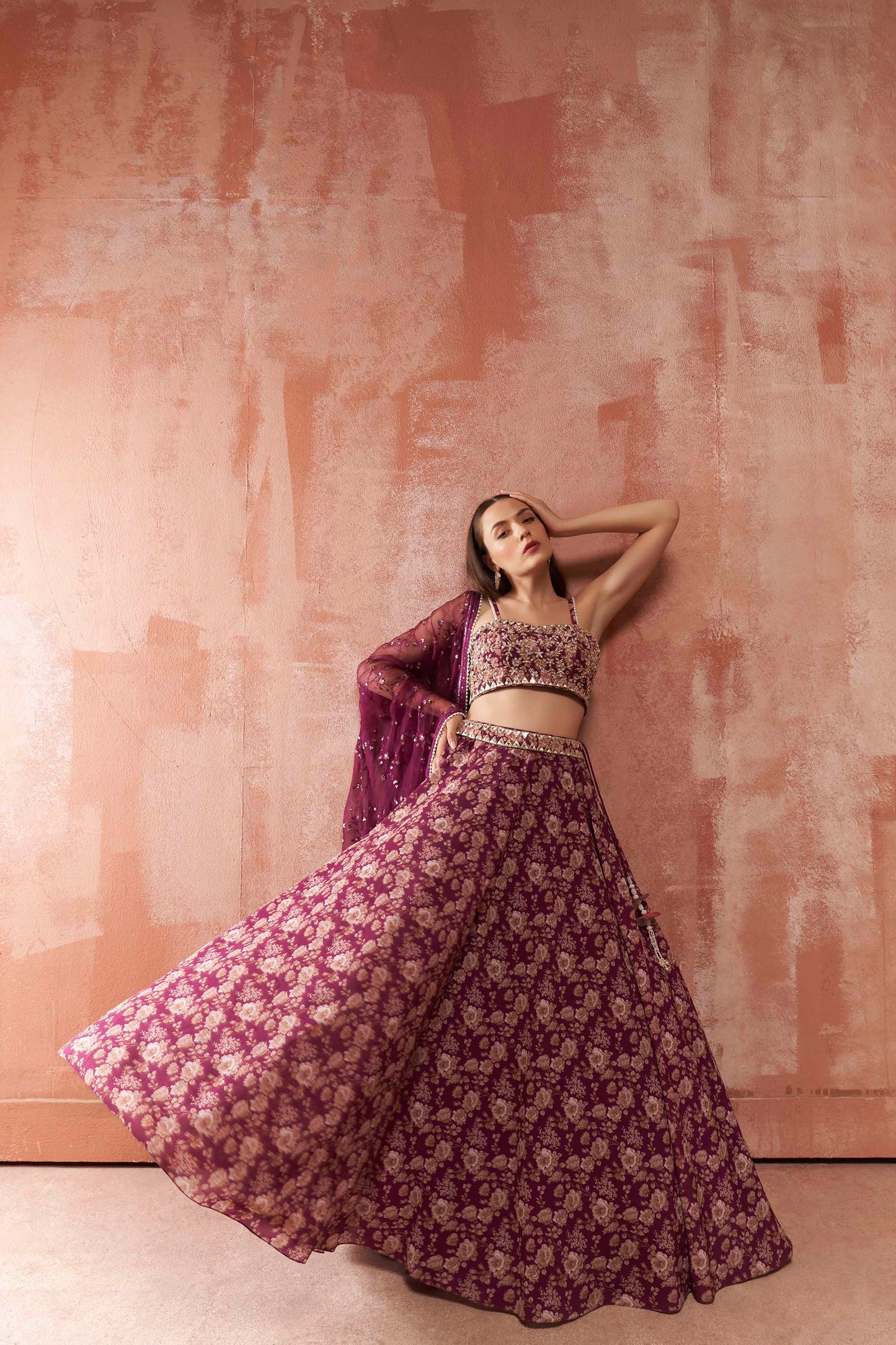 Wine Floral Printed Lehenga Set