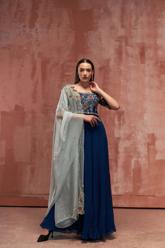 Peacock Blue Georgette Anarkali Set