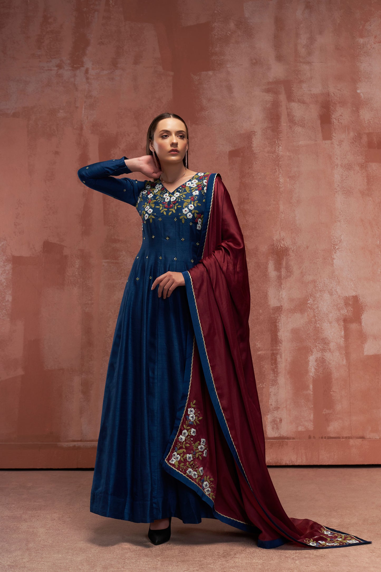 Peacock Blue Silk Anarkali Set