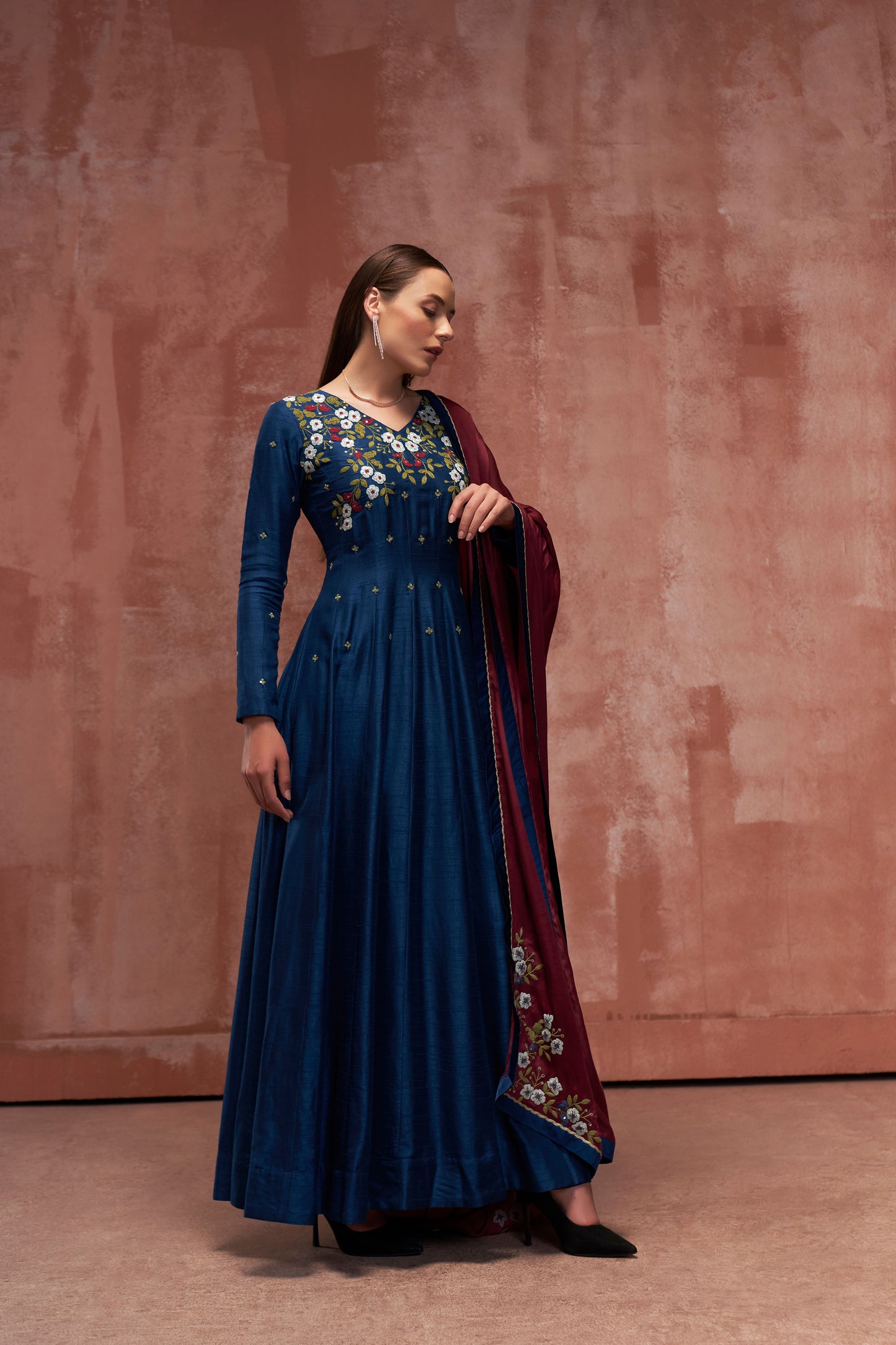 Peacock Blue Silk Anarkali Set