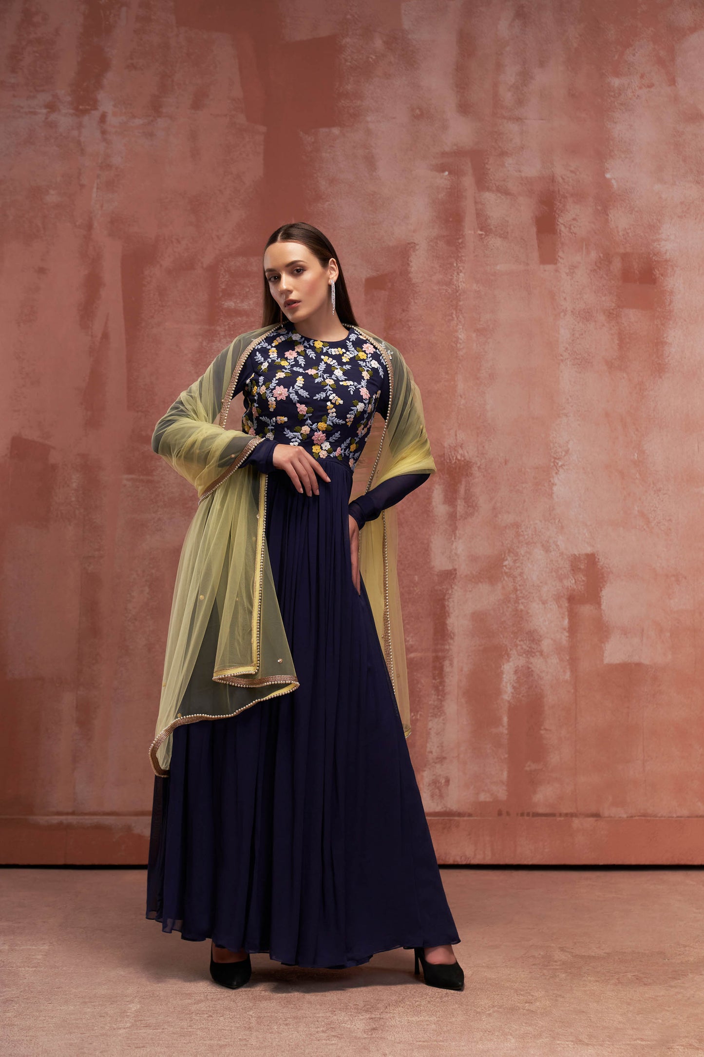 Dark Blue Embroidered Anarkali Set