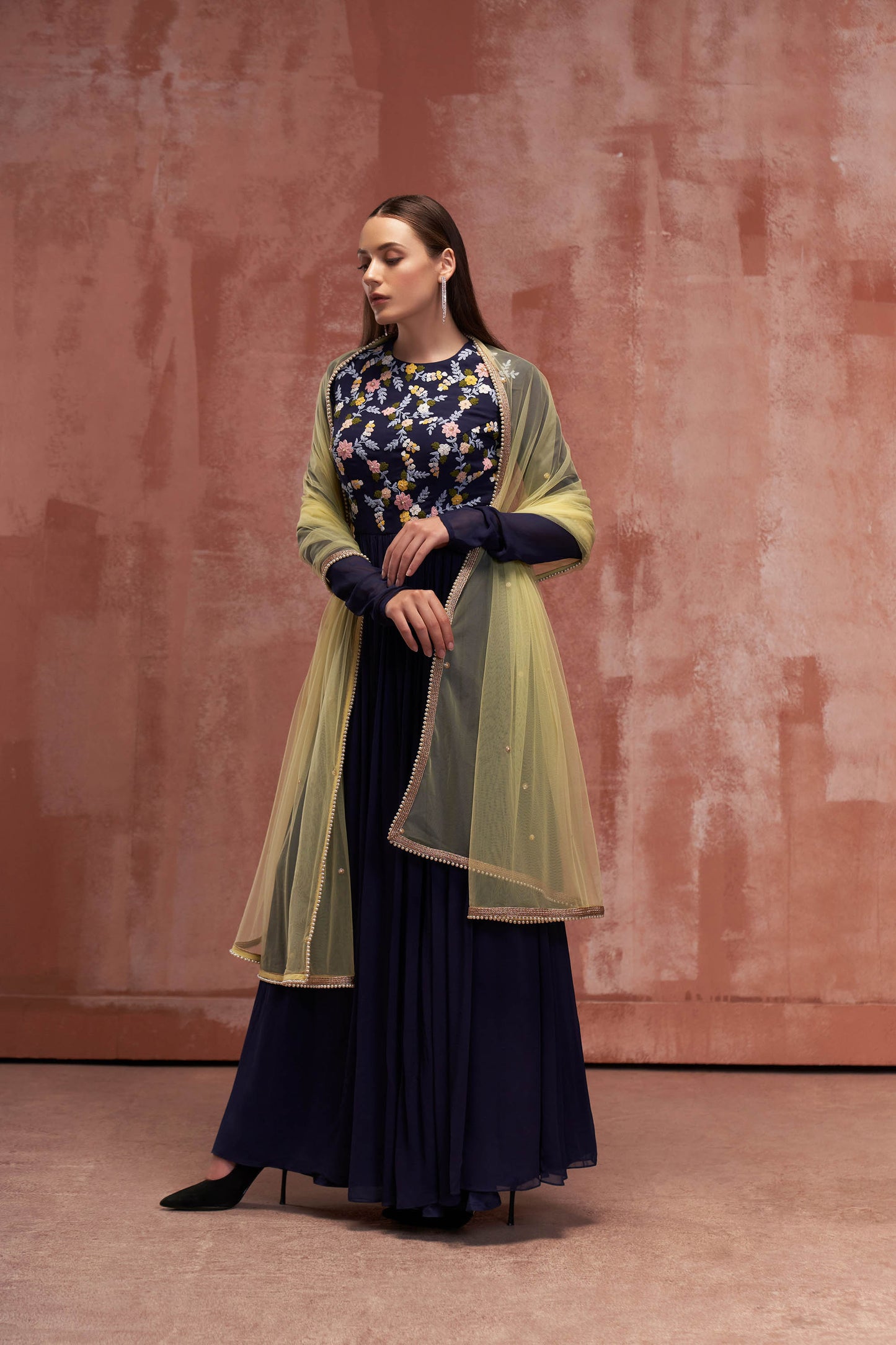 Dark Blue Embroidered Anarkali Set