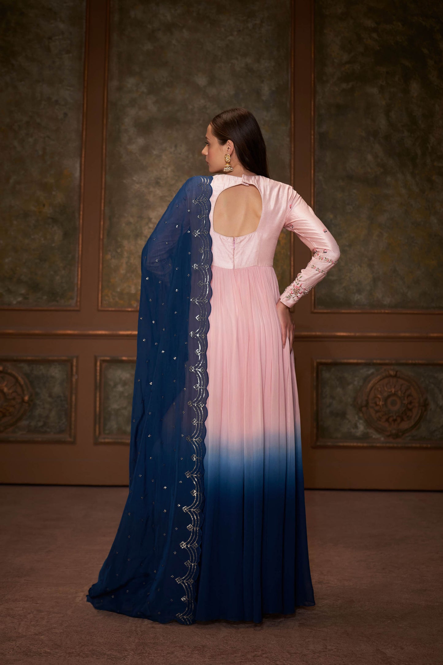 Blue & Pink Embroidered Anarkali Set