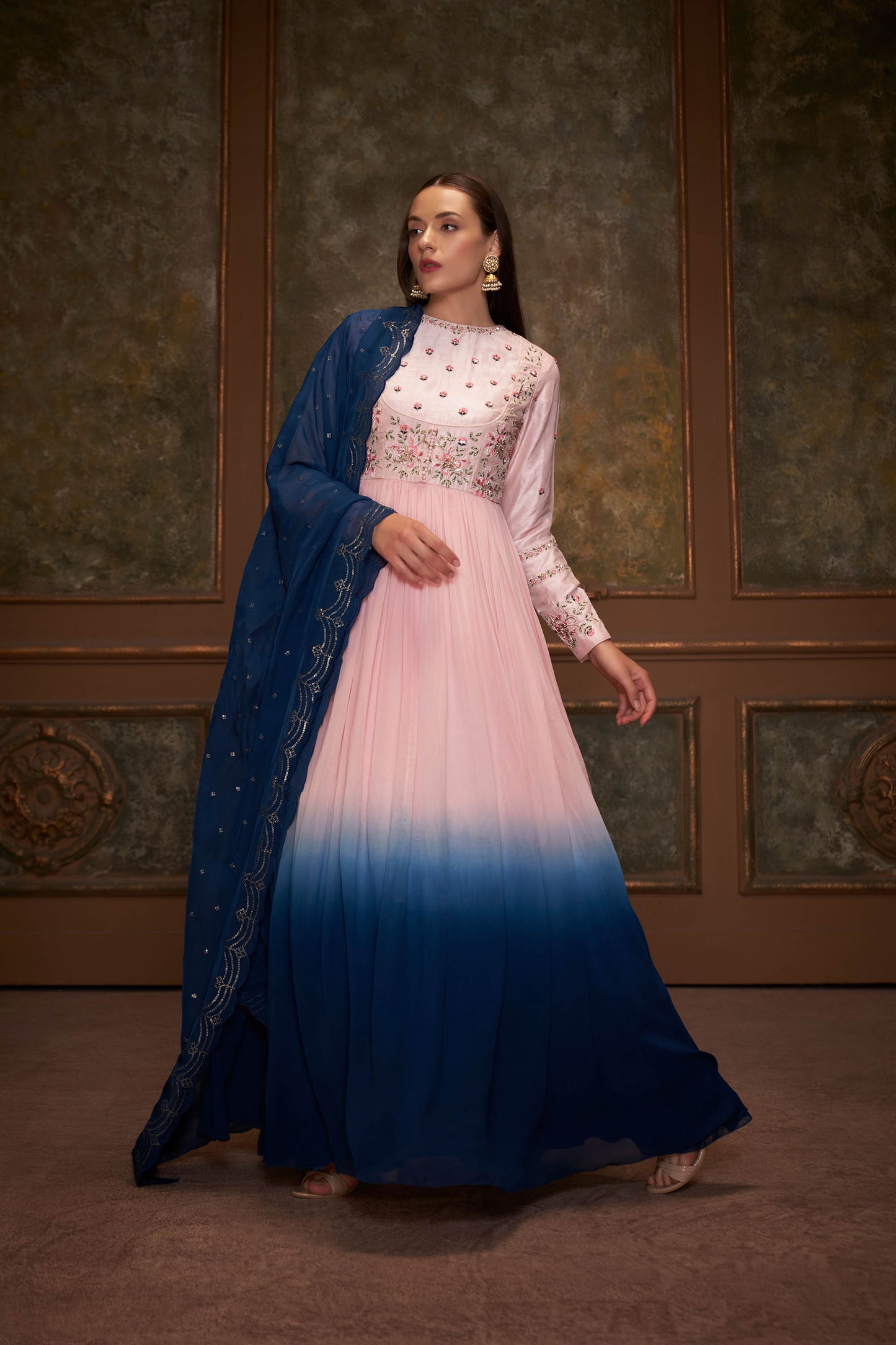 Blue & Pink Embroidered Anarkali Set