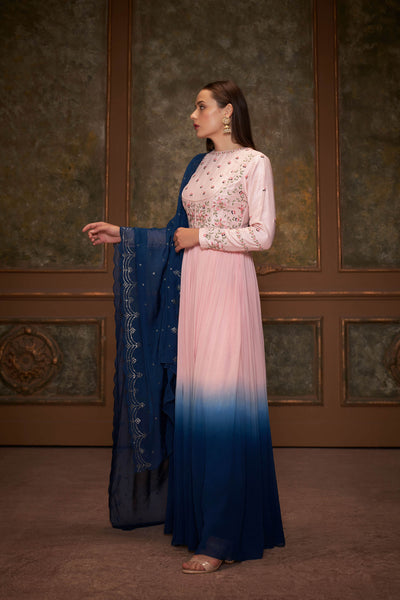 Blue & Pink Embroidered Anarkali Set