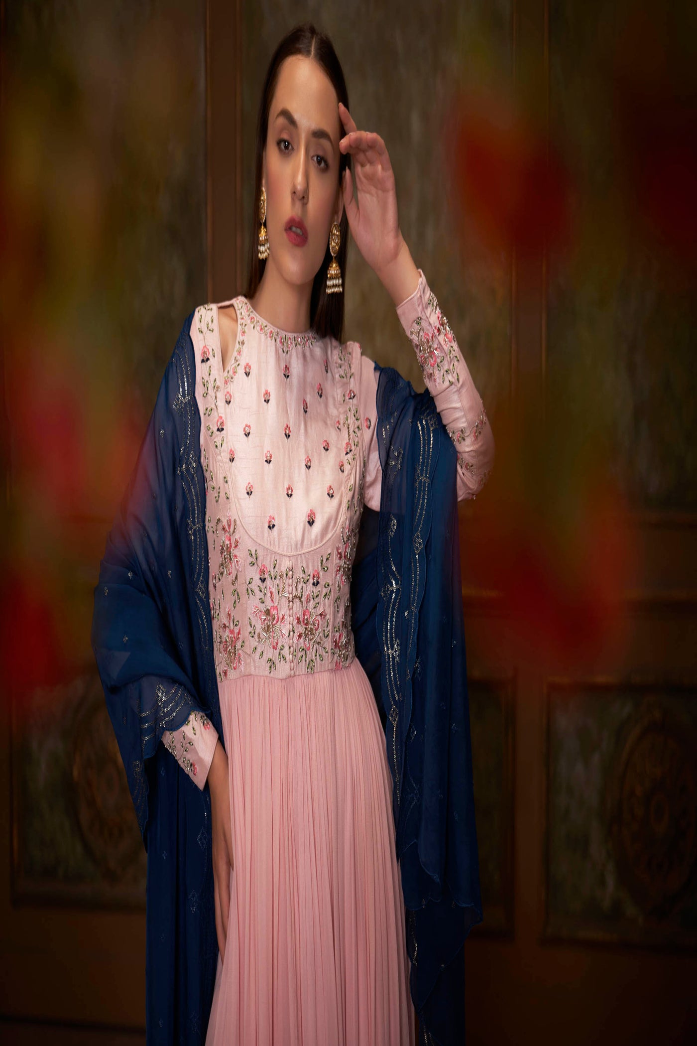 Blue & Pink Embroidered Anarkali Set