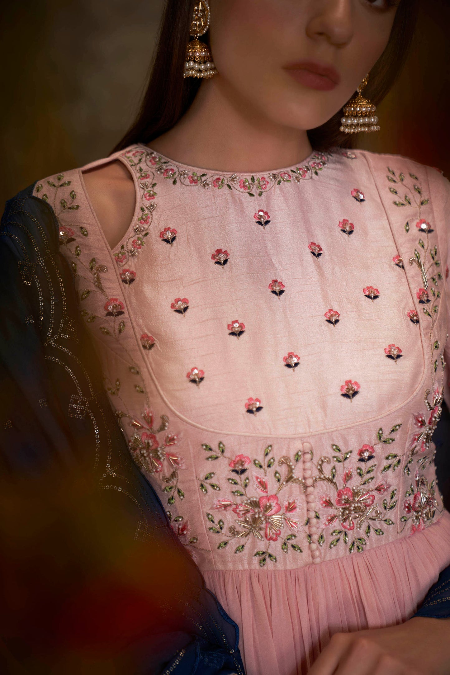 Blue & Pink Embroidered Anarkali Set