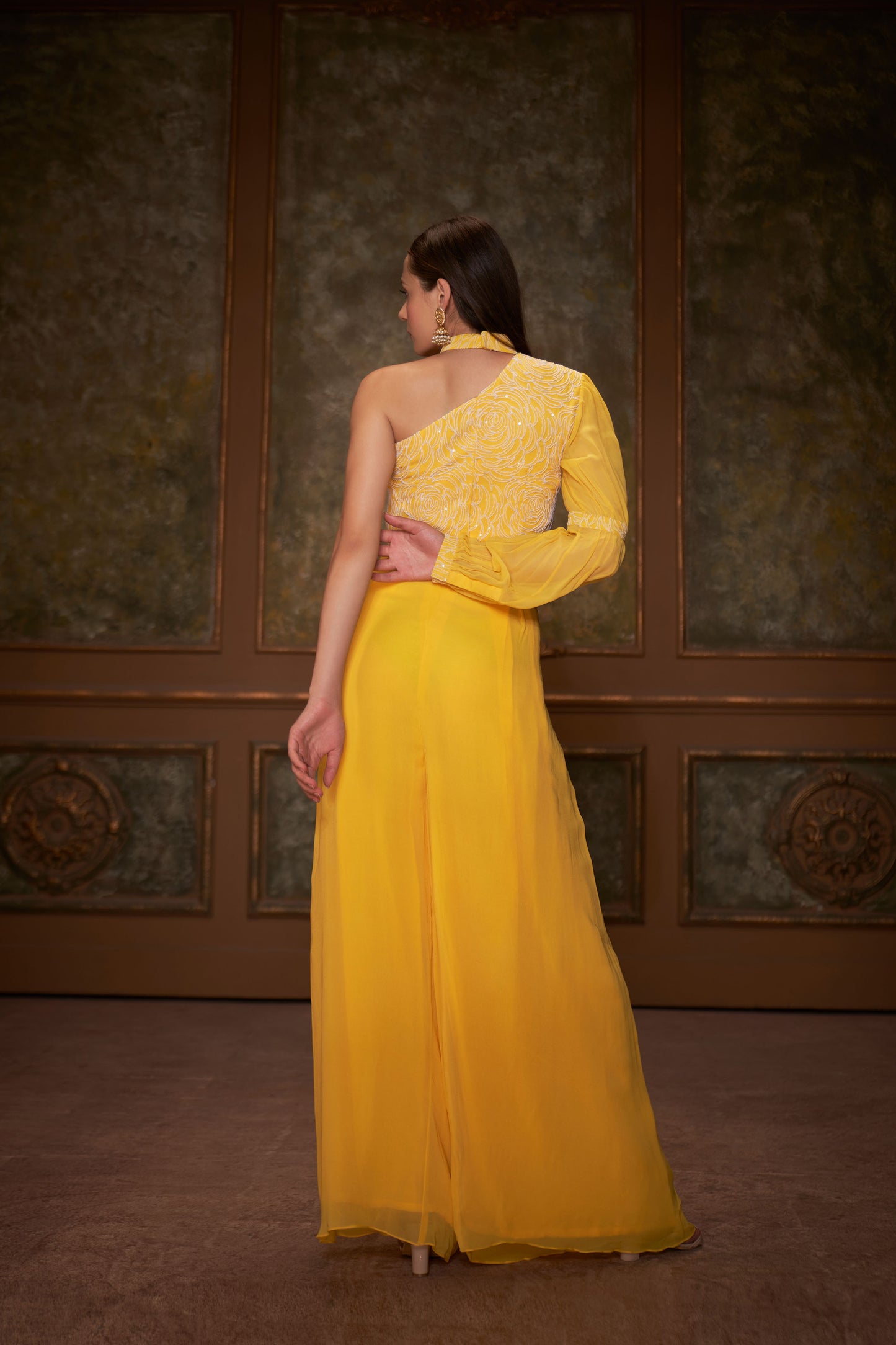 Yellow Flared Pant Set In Georgette