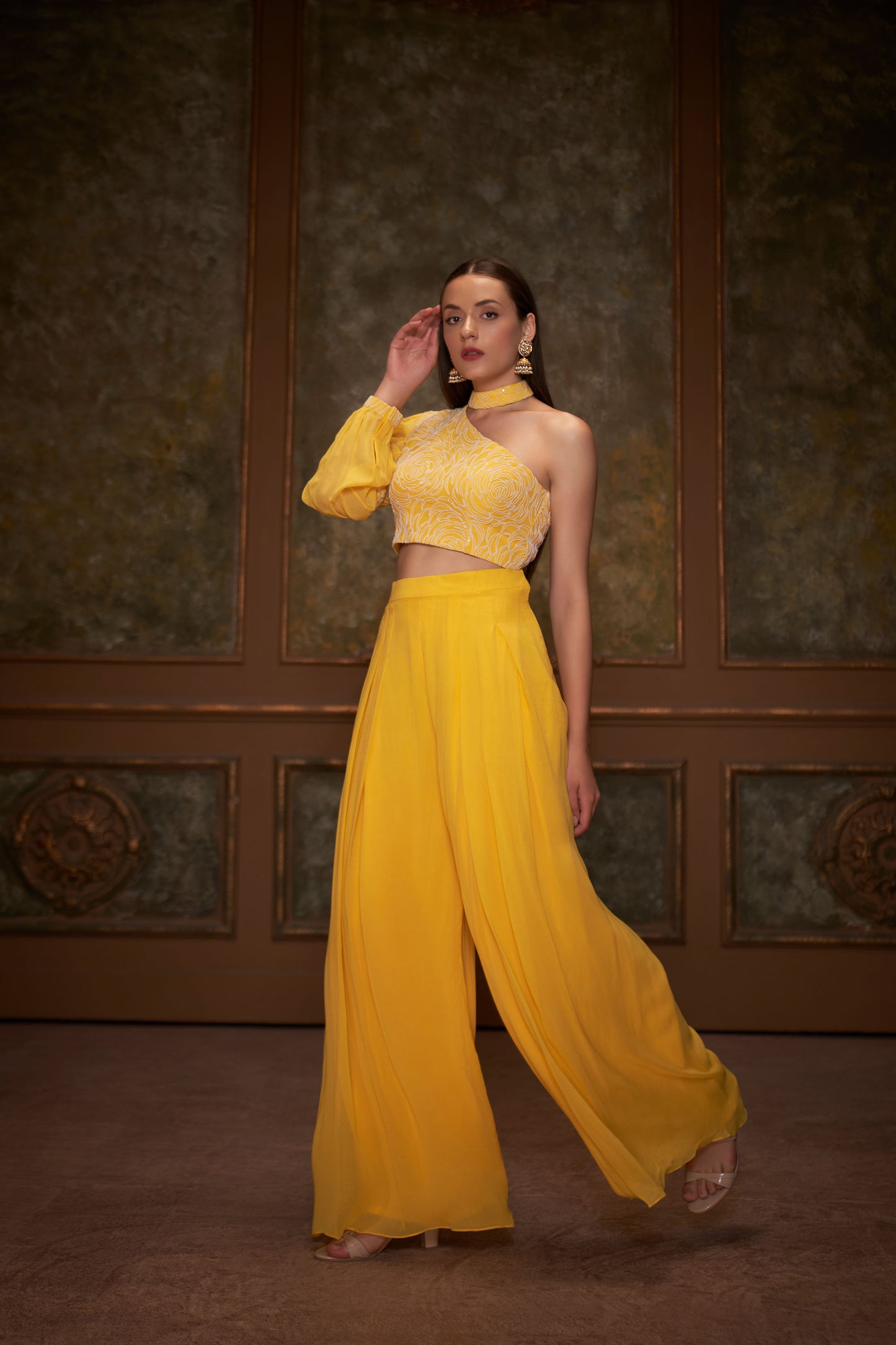 Yellow Flared Pant Set In Georgette