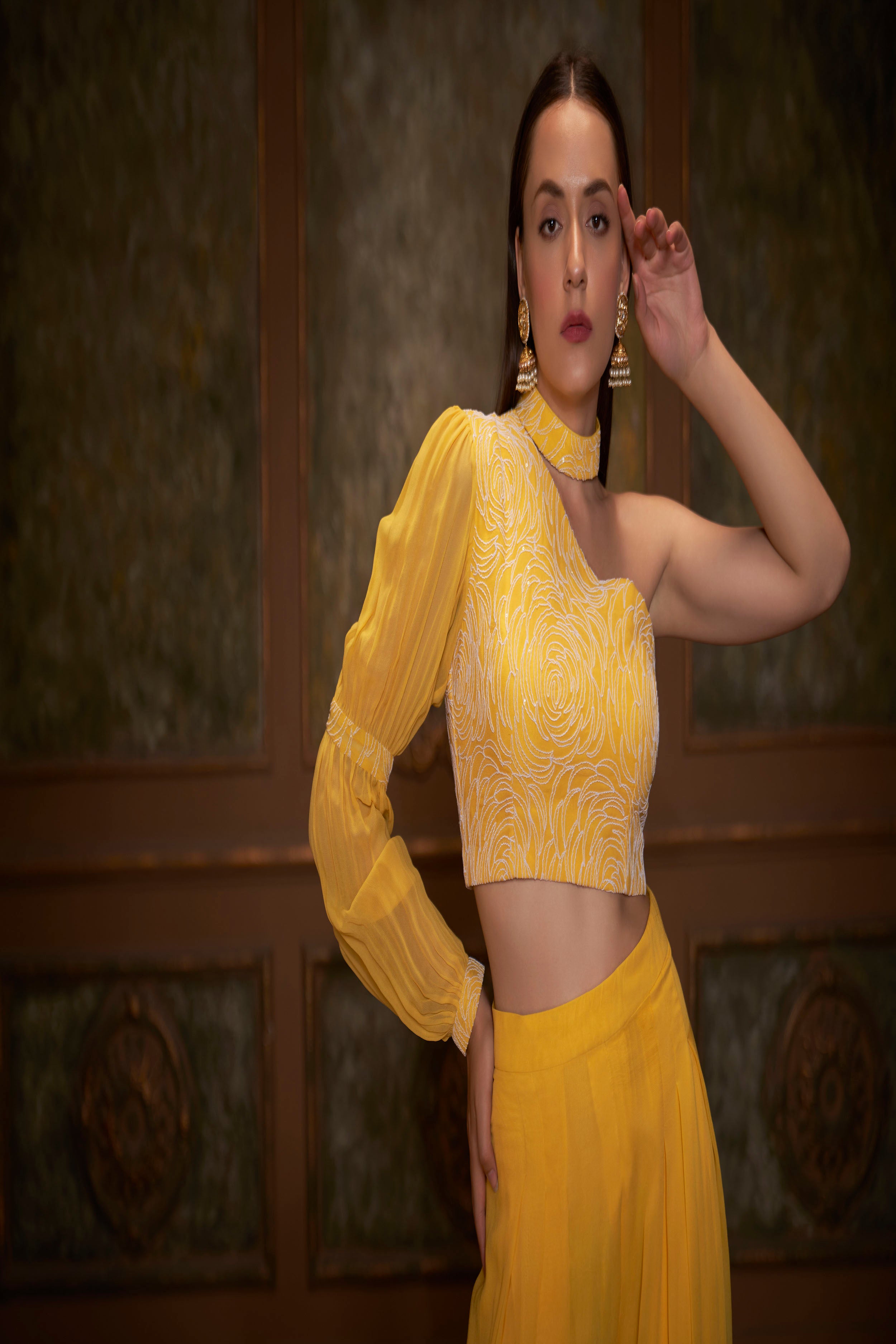 Yellow Flared Pant Set In Georgette