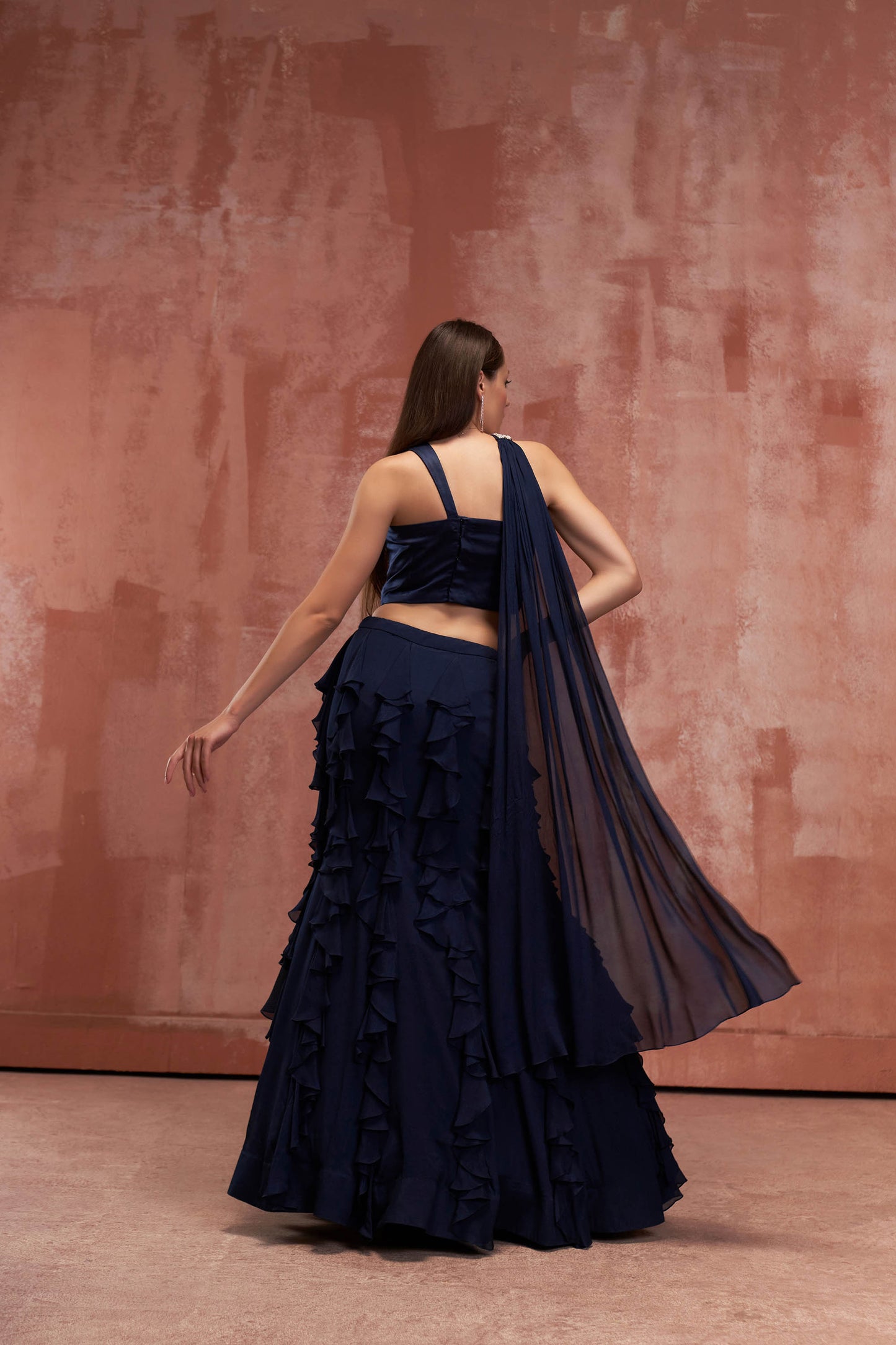 Navy Blue Crepe Ruffled Lehenga Set