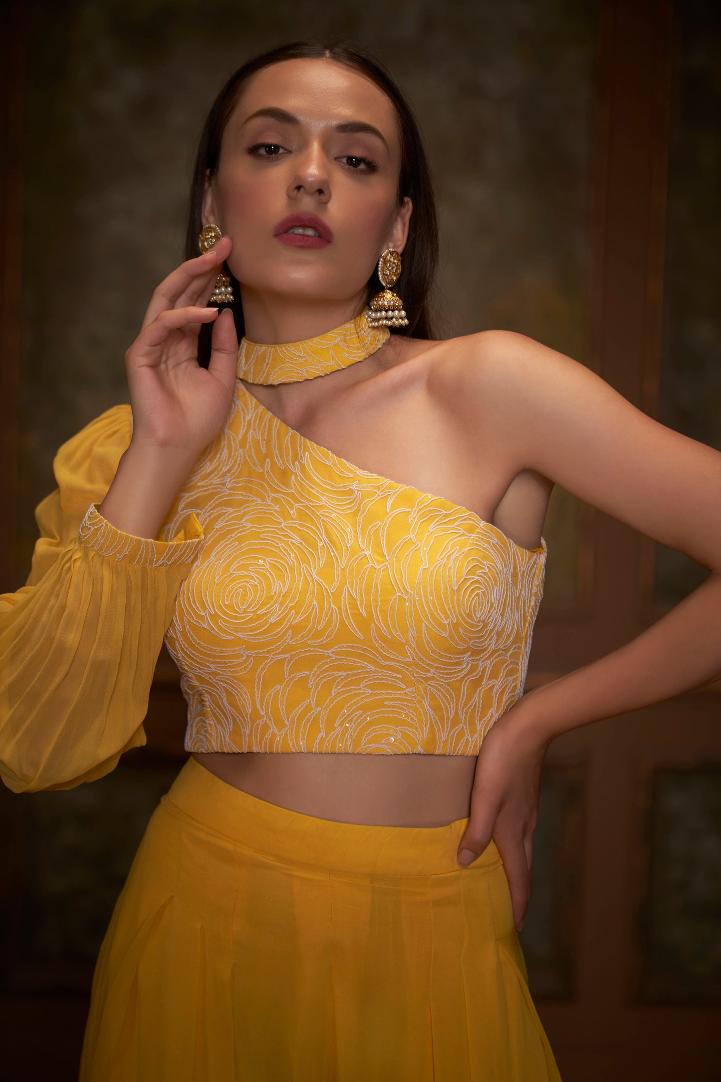 Yellow Flared Pant Set In Georgette