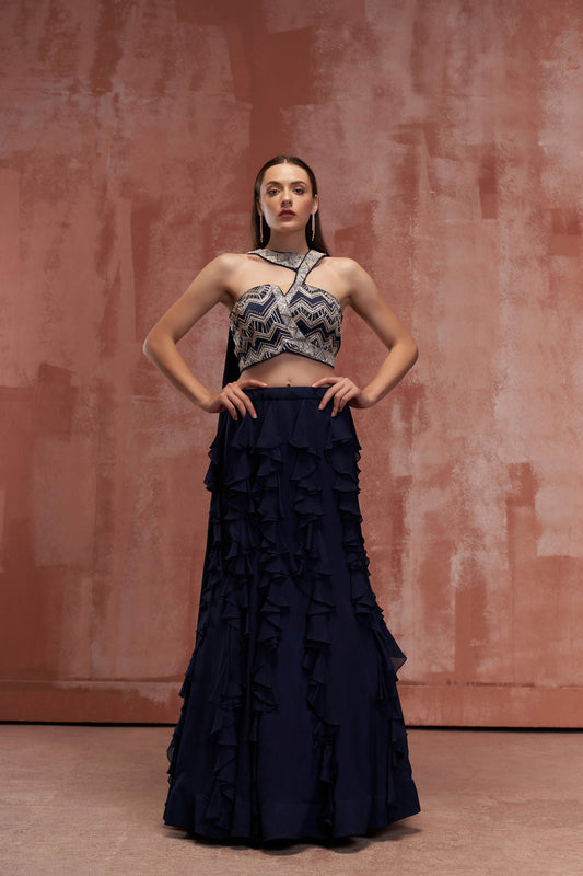 Navy Blue Crepe Ruffled Lehenga Set