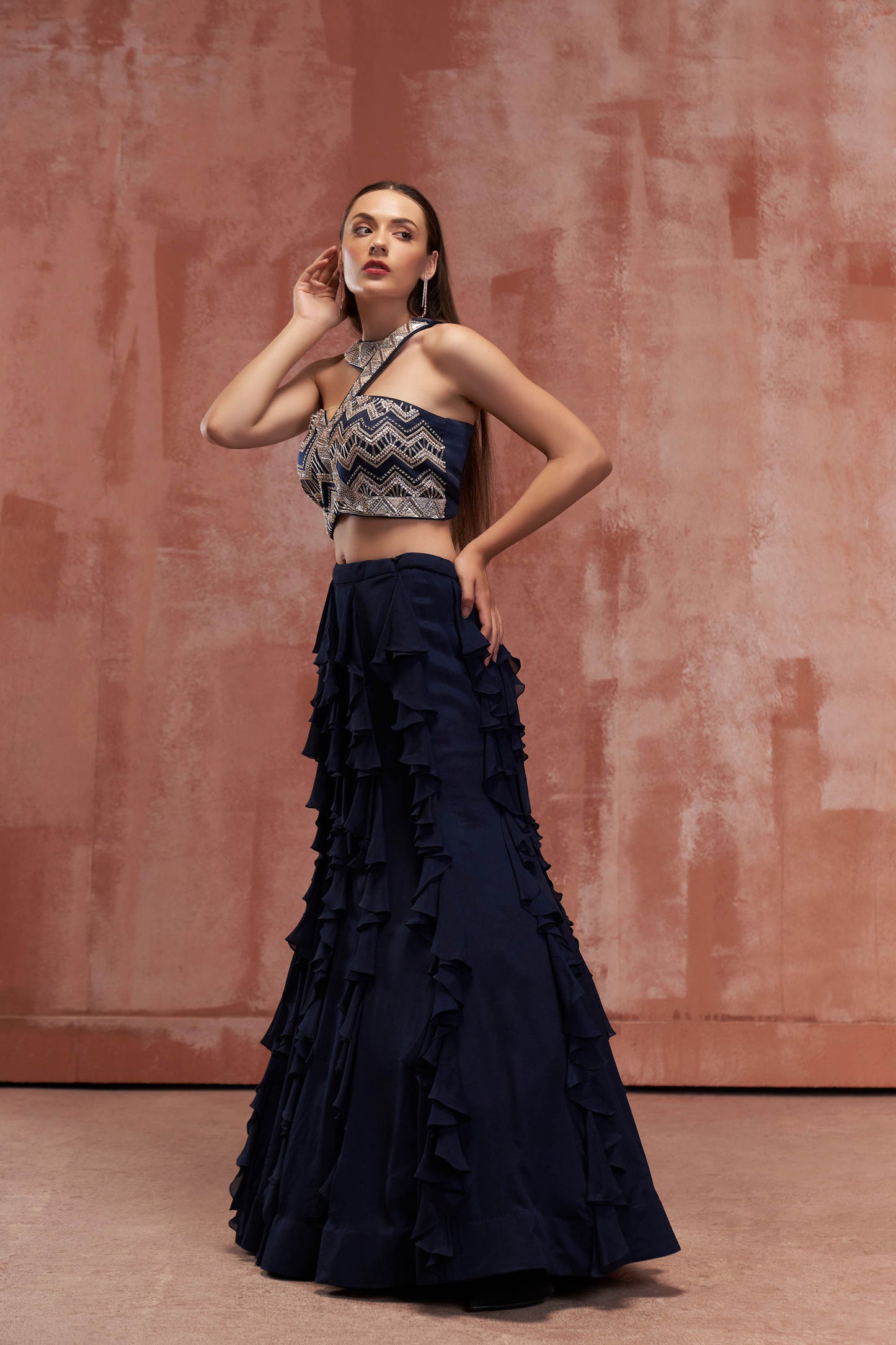 Navy Blue Crepe Ruffled Lehenga Set