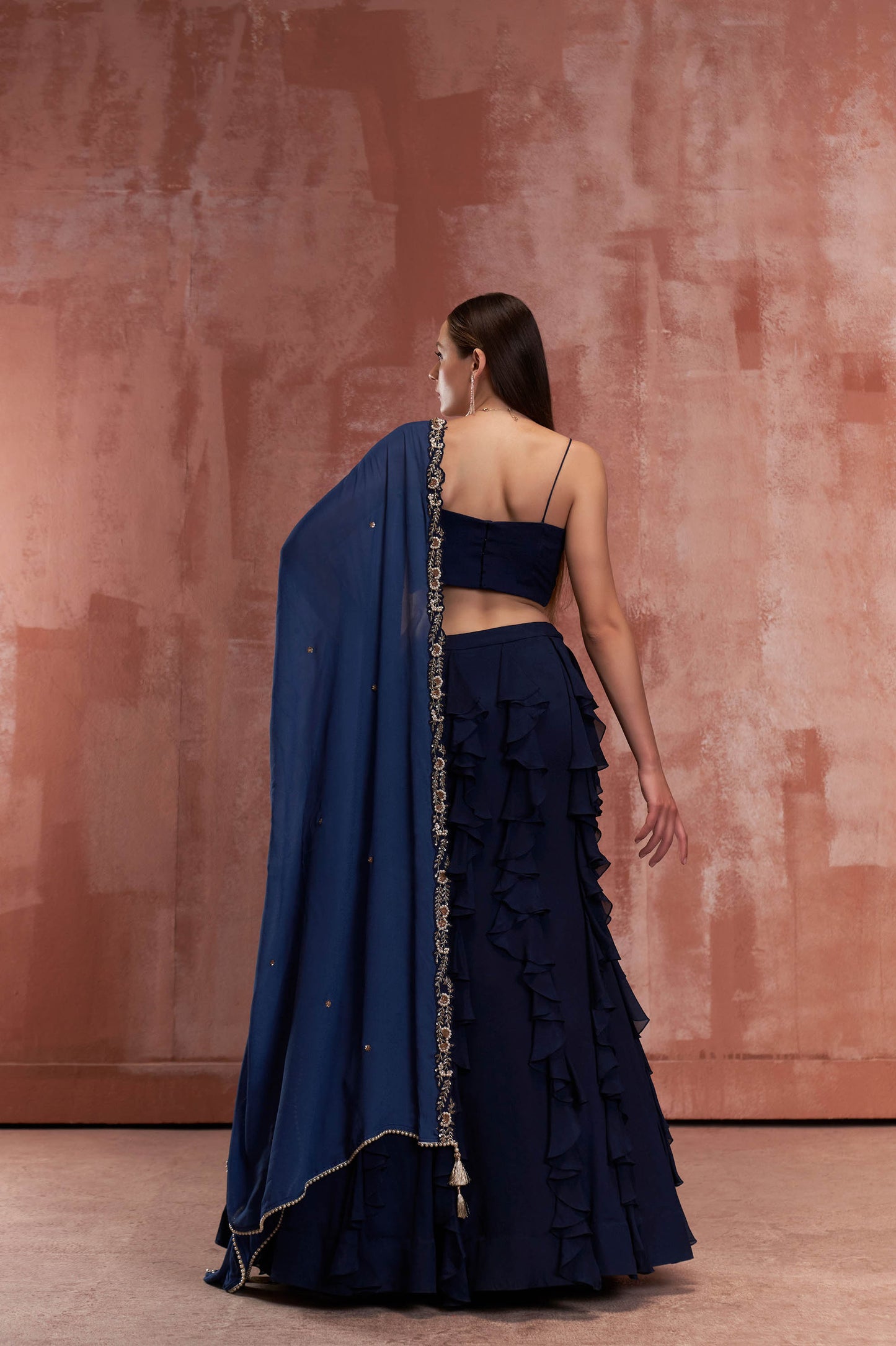 Navy Blue Georgette Ruffled Lehenga Set