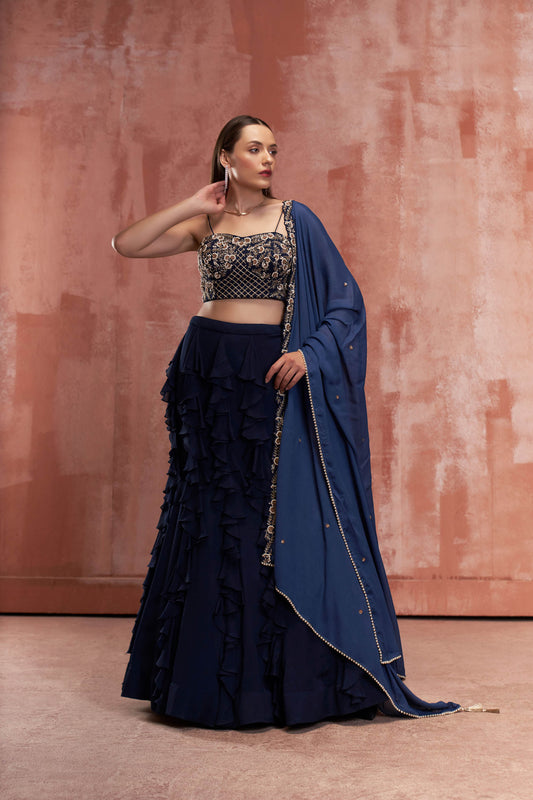 Navy Blue Georgette Ruffled Lehenga Set