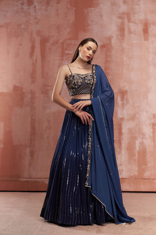 Navy Blue Sequin Lehenga Set