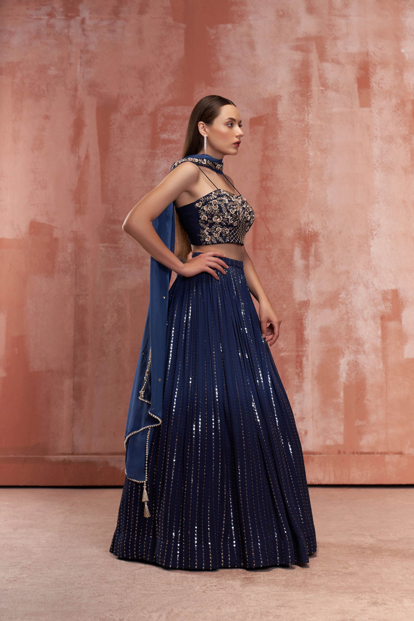 Navy Blue Sequin Lehenga Set