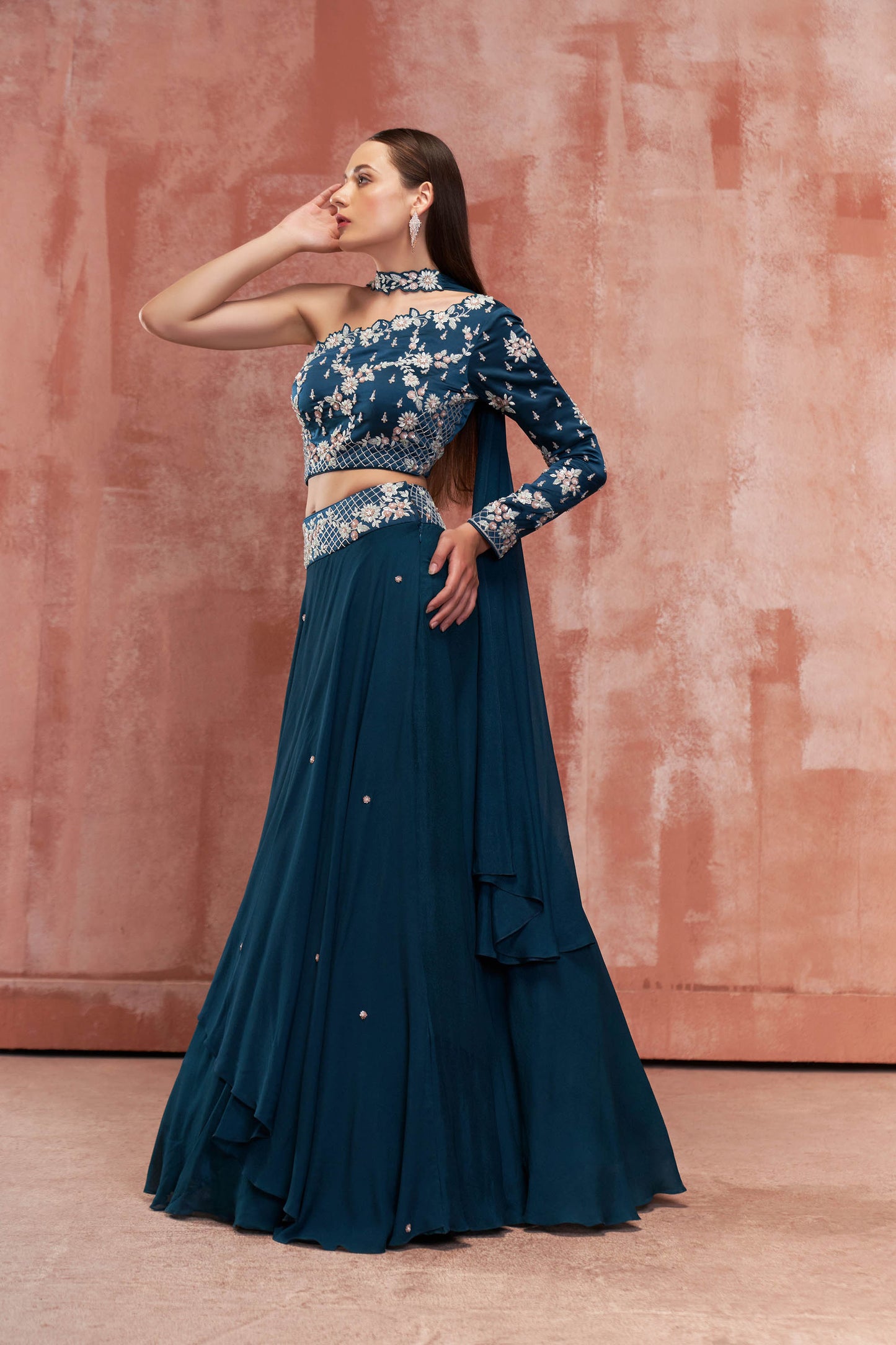 Teal Blue Embroidered Lehenga