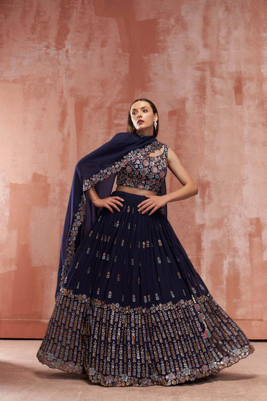 Dark Blue Floral Embroidered Lehenga Set