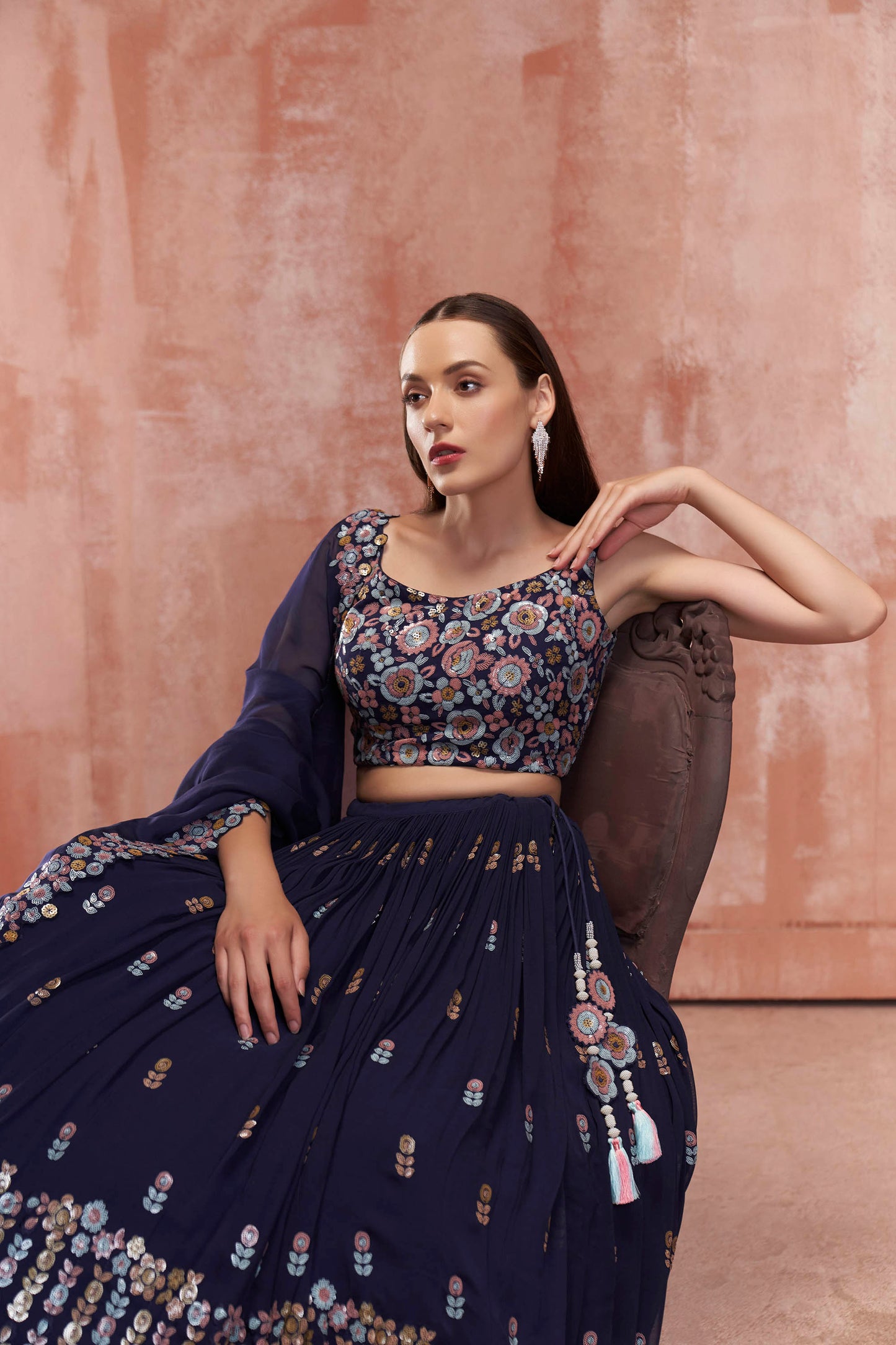 Dark Blue Floral Embroidered Lehenga Set