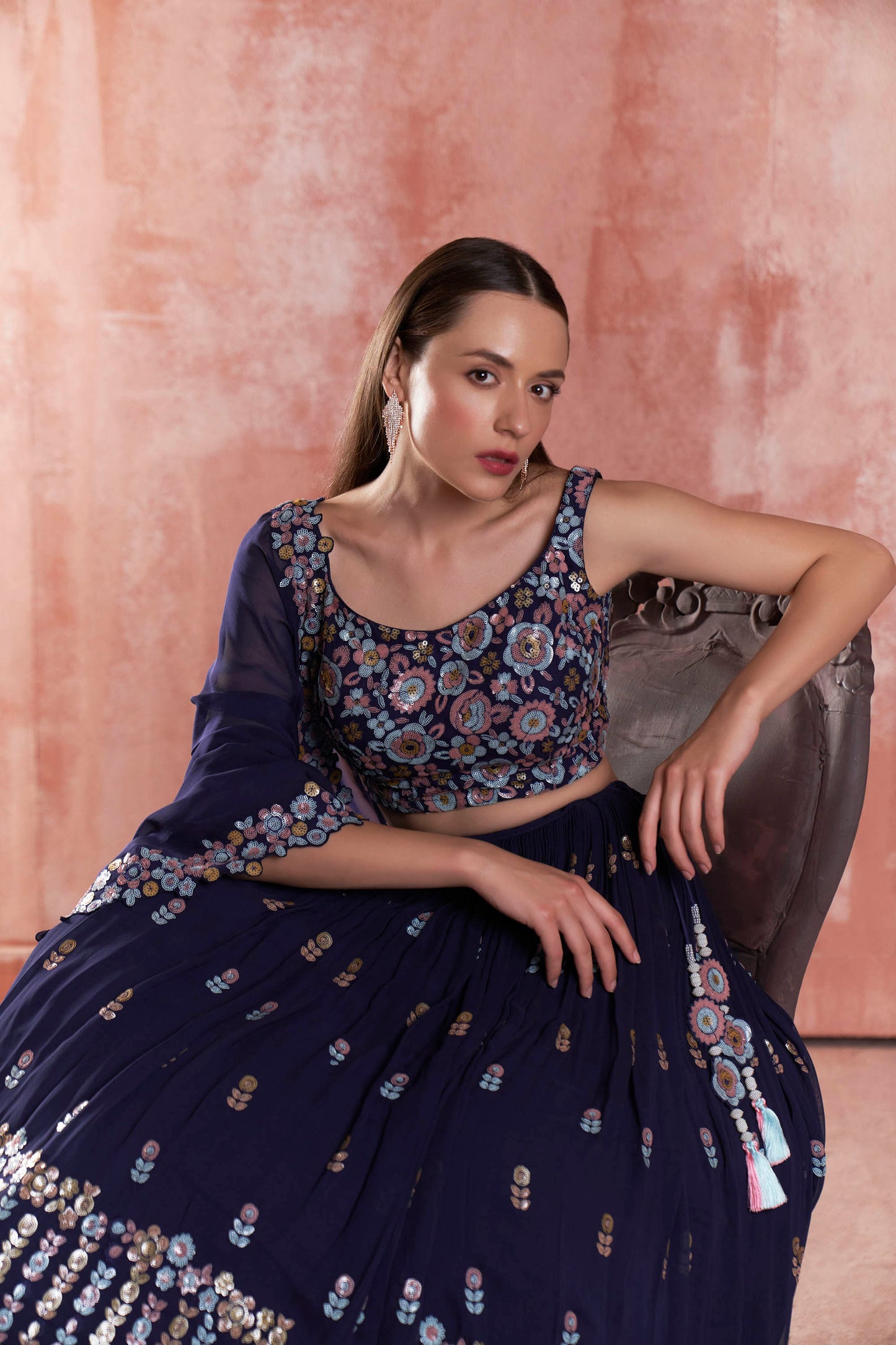 Dark Blue Floral Embroidered Lehenga Set